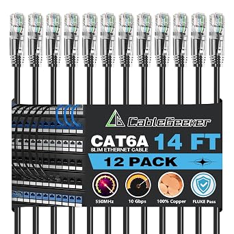 CableGeeker Cat 6A Slim Ethernet Patch Cables, 14 ft, 12-Pack, Black