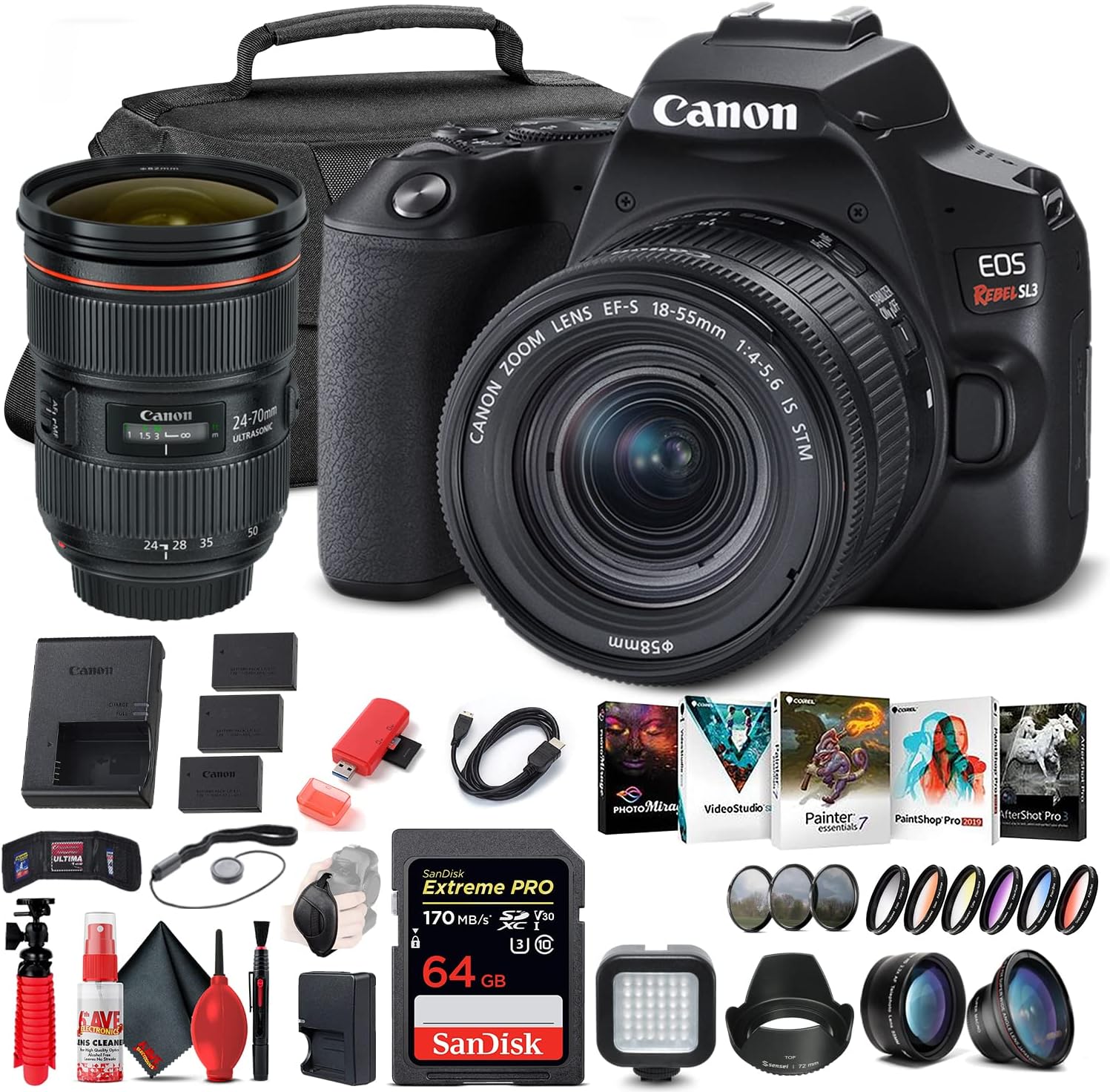 Canon EOS Rebel SL3 DSLR Camera with 18-55mm Lens (Black) (3453C002) + Canon EF 24-70mm Lens + 64GB Memory Card + Color Filter Kit + Case + Filter Kit + Corel Photo Software + More