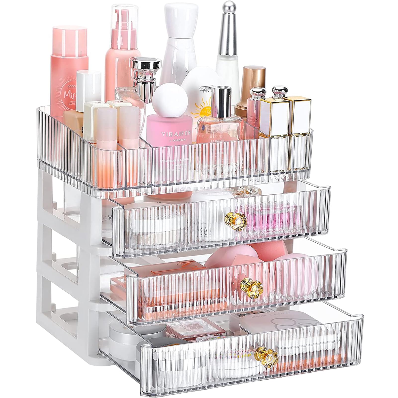 Makeup Organizer with Drawers,ANTOLE Cosmetic Display Cases,Bathroom Vanity Countertop Storage for Cosmetics,Lipsticks,Jewelry,Nail Care, Ideal for Bedroom and Bathroom Countertops (3 Drawers, Clear)