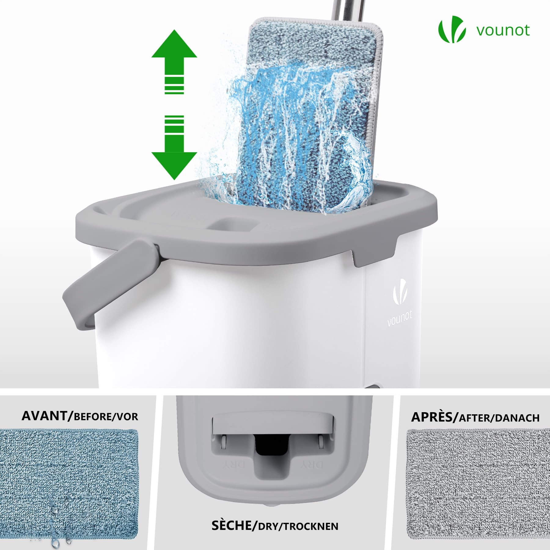VOUNOT® Juego de Fregona y Cubo Escurridor 2 Compartimentos, Mopa Plana Microfibra con 6 Almohadillas Reutilizables, Trapeador Giratorio 360° Limpieza Suelos Madera, Laminado, Baldosas y Mármol Blanco