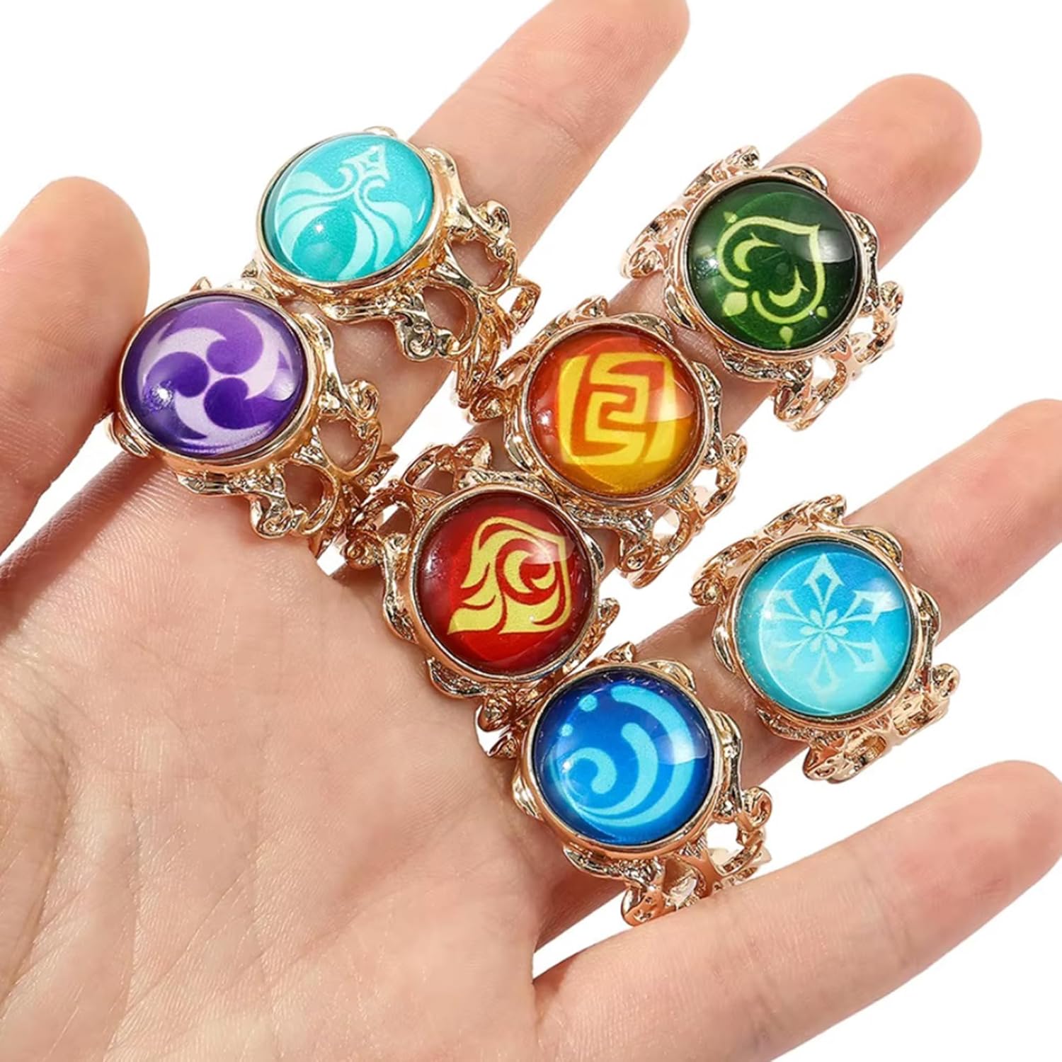 retsamradassaT Genshin Vision Impact Adjustable Cosplay Costume Rings, Set of 7 Elemental Anemo Geo Electro Dendro Hydro Cryo Pyro Element