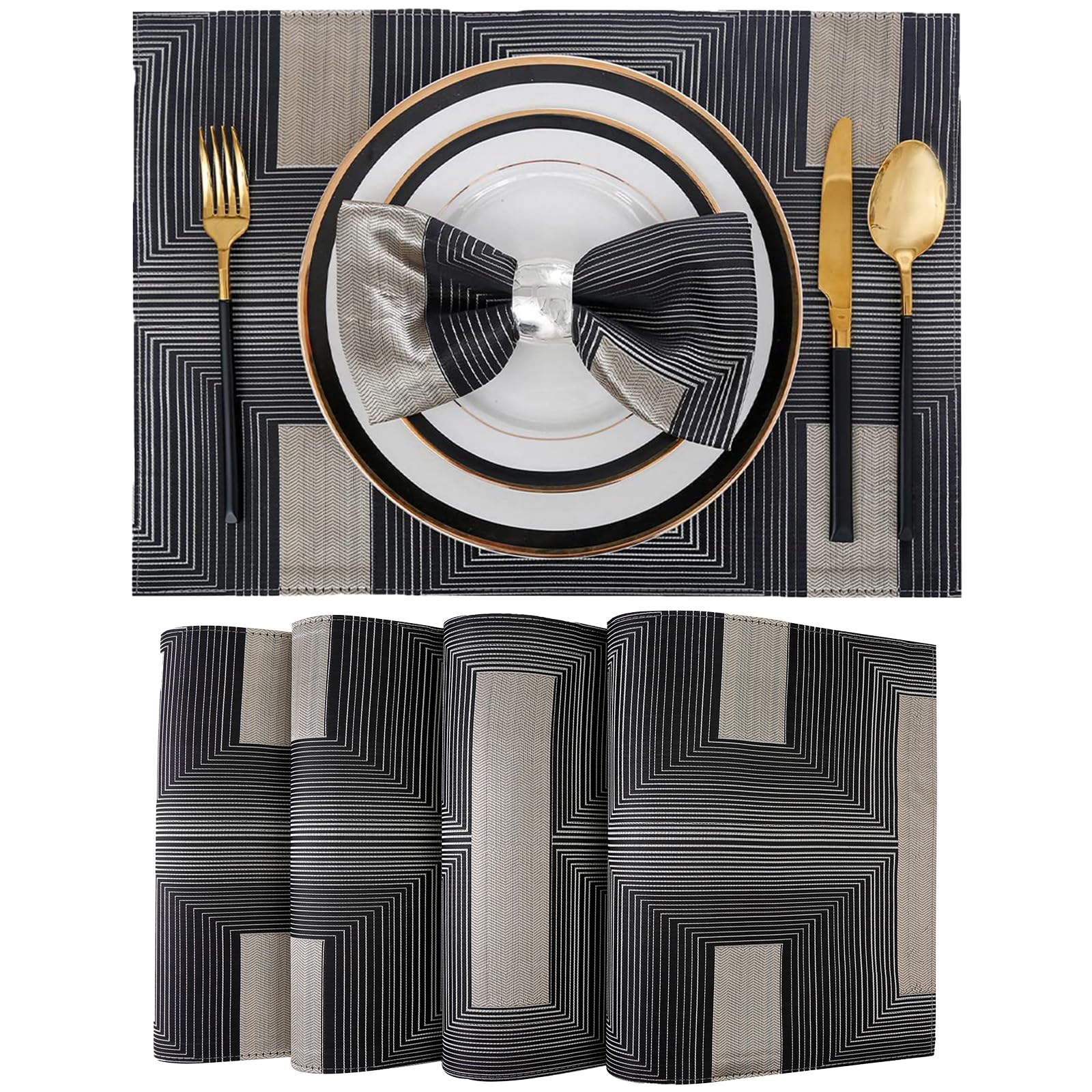 Juego de 4 manteles individuales negros, impermeables, lavables, resistentes al calor, para mesa de comedor (negro)