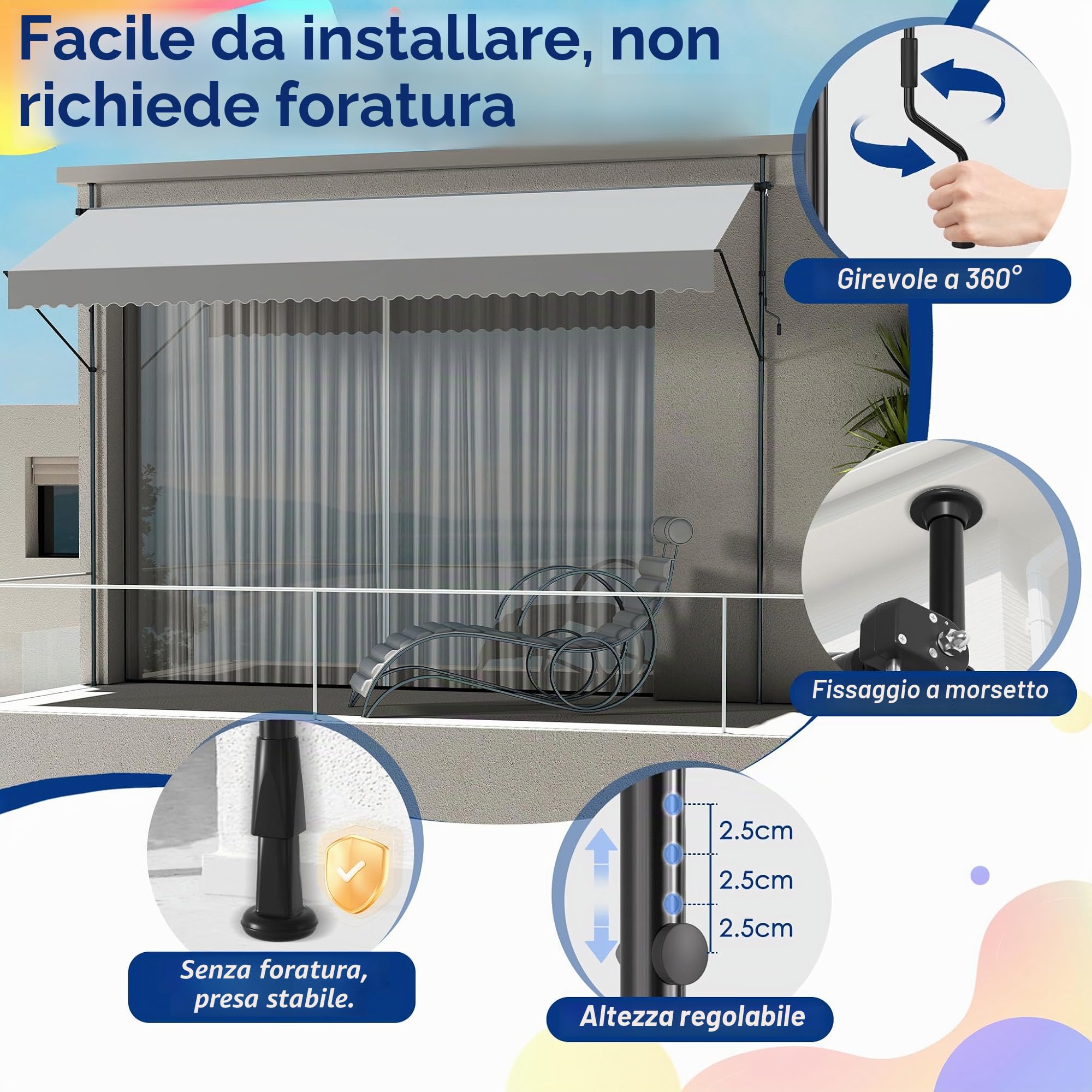 Tenda da sole con morsetto, per balcone, senza foratura, regolabile in altezza, resistente ai raggi UV, impermeabile con manovella (250 cm di larghezza, grigio chiaro)