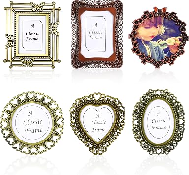 6 Pcs Mini Picture Frame Vintage Metal Photo Frame Wallet Size Antique DIY Picture Frames in Heart Oval Round Rectangular Shapes for Bookshelf Tabletop and Wall Display Art Decor
