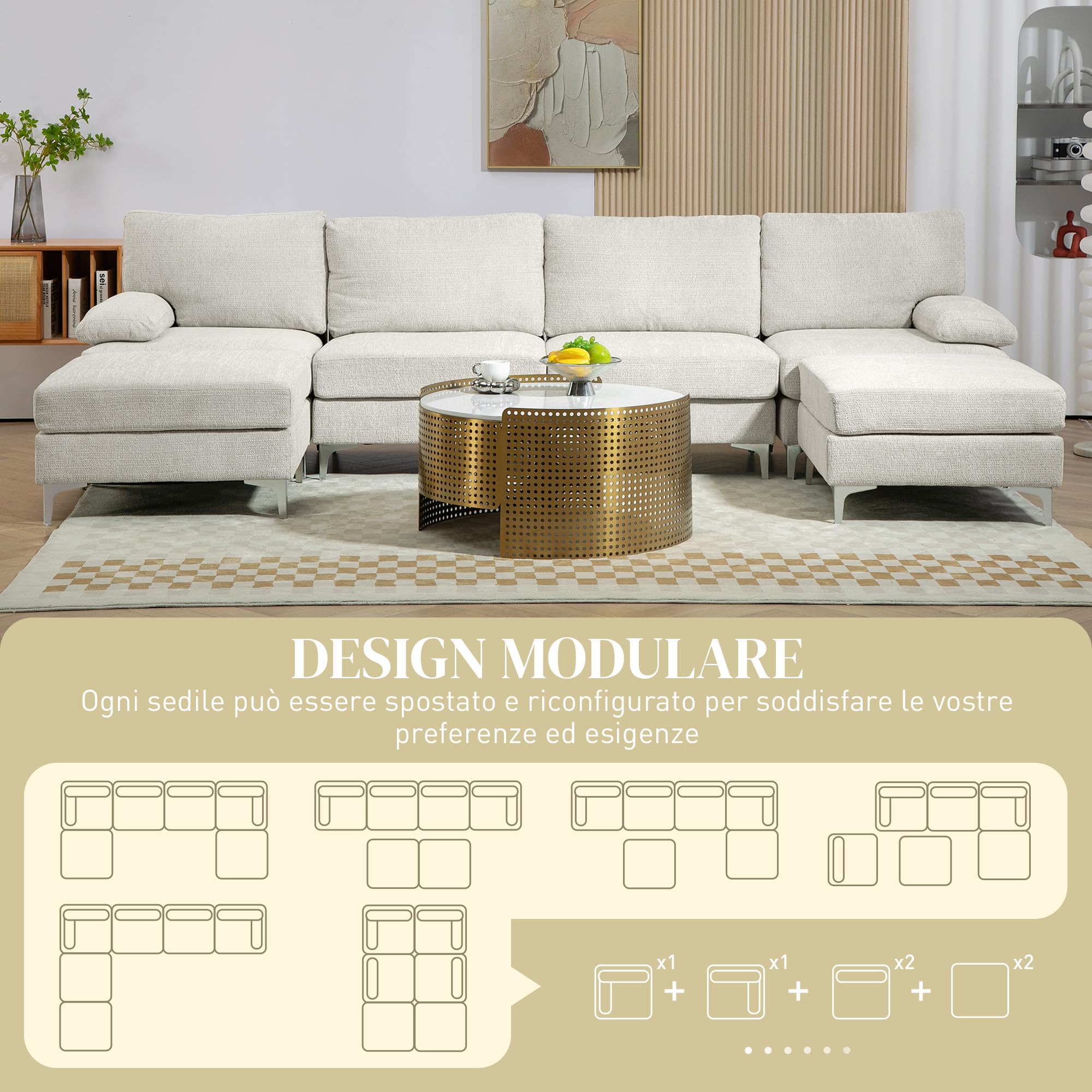 HOMCOM Divano Componibile 4 Posti con Penisola in Ciniglia Crema | 2 Poggiapiedi, Cuscini per Braccioli e Schiena, 313x149x88cm