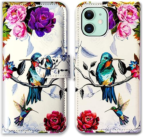 Bcov Funda para iPhone 12, iPhone 12 Pro, funda de piel tipo cartera de colibrí, funda para teléfono con ranura para tarjetas y soporte para iPhone