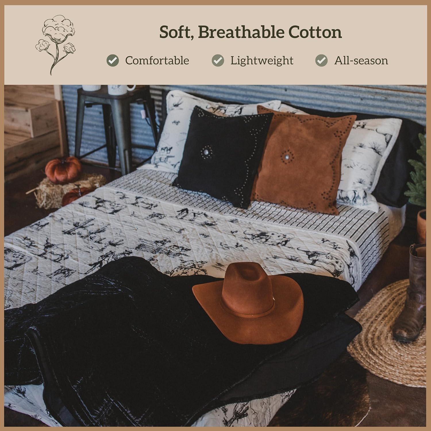 Paseo Road Ranch Life Full Queen Cotton Quilt Set, 3 Piece Western Bedding Set with Pillow Shams, Black White Reversible Quilt with Cowboy Longhorn Horse Cow Print, Soft Cozy Rustic Farmhouse Bedding - Image 3