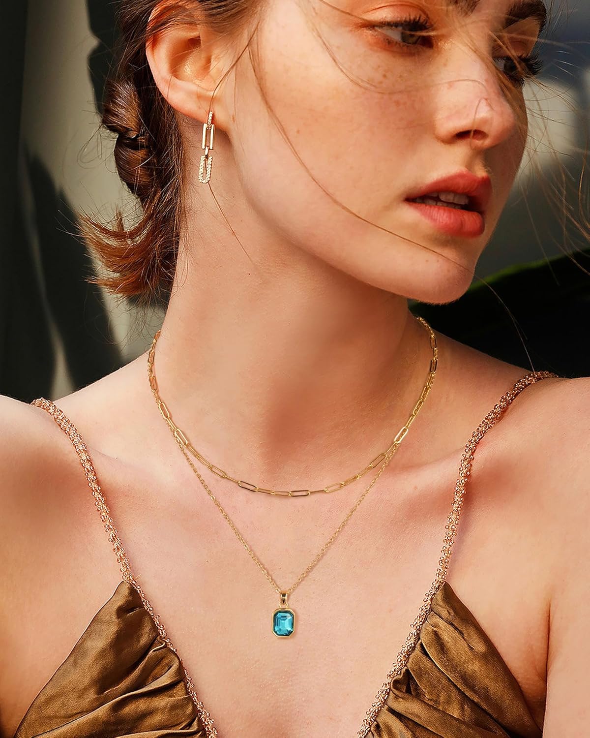 Gold Layered Necklaces for Women, 18k Gold Plated Crystal Necklace Paperclip Choker Emerald Green Jewelry for Women Gifts - Image 4