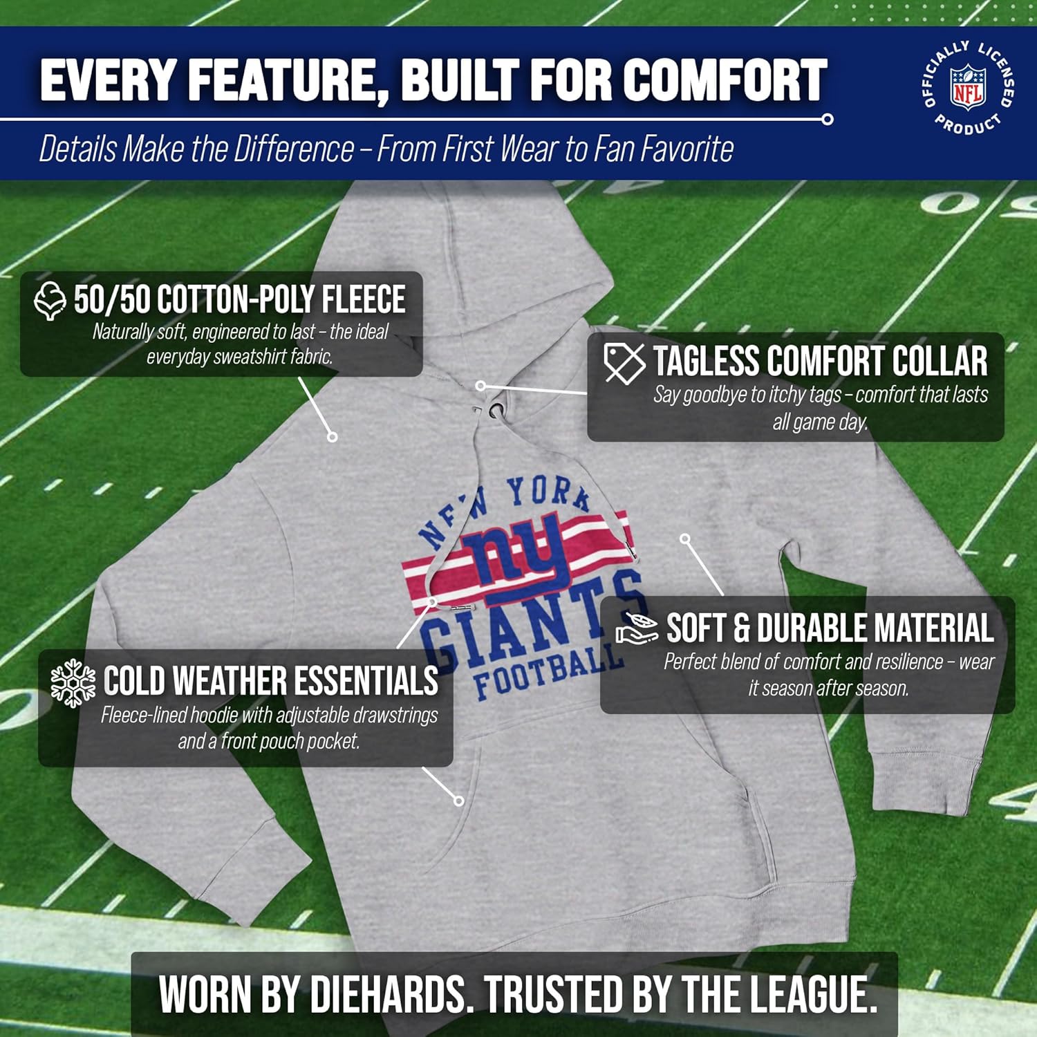 Team Fan Apparel NFL Team Stripe Hooded Sweatshirt- Soft Pullover Sports Hoodie For Men & Women - Made Of Cotton & Polyester