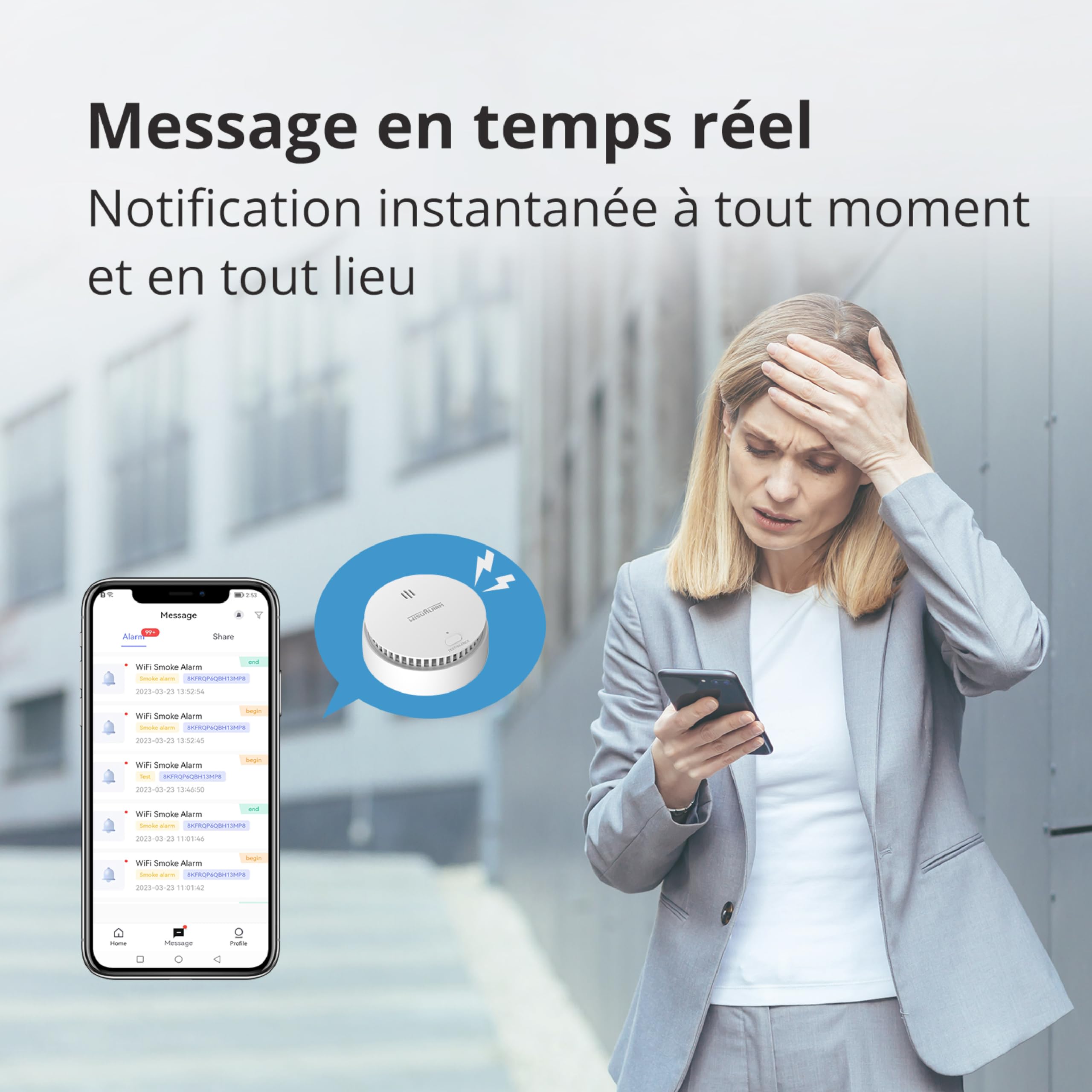 Détecteur de fumée pour la Maison, Détecteur de fumée WiFi avec Batterie remplaçable, Compatible avec l'application de sécurité Domestique Wisualarm, Conforme à la Norme en 14604 (3pack WiFi)