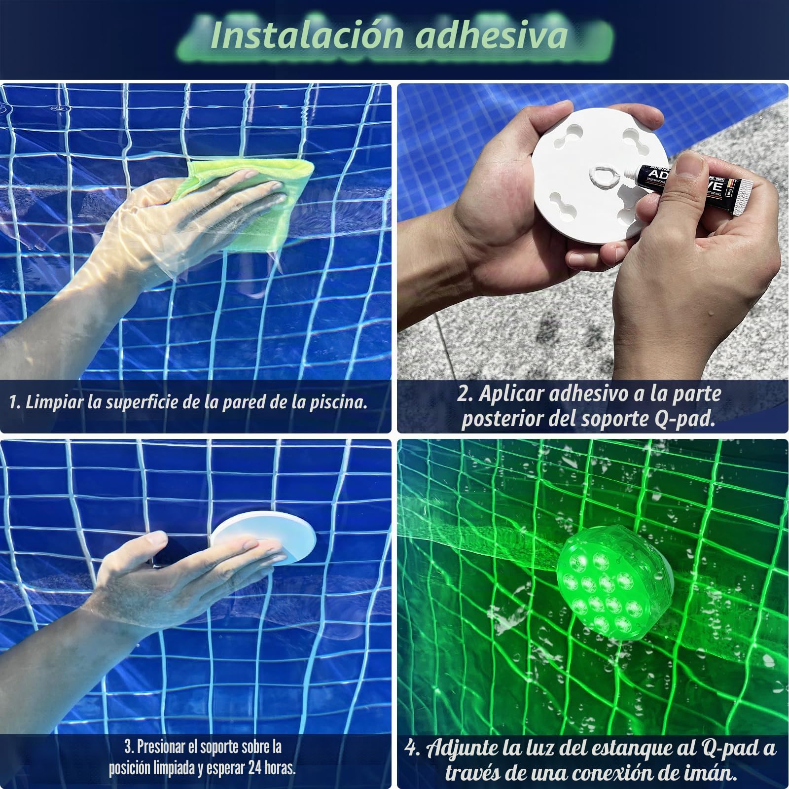 Qoolife 4" 20LED Magnetic Submersible LED Light - Emparejamiento con mando a distancia, control en grupos, luces sumergibles recargables impermeables para piscinas, brillante y fuerte imán (2 Pack)