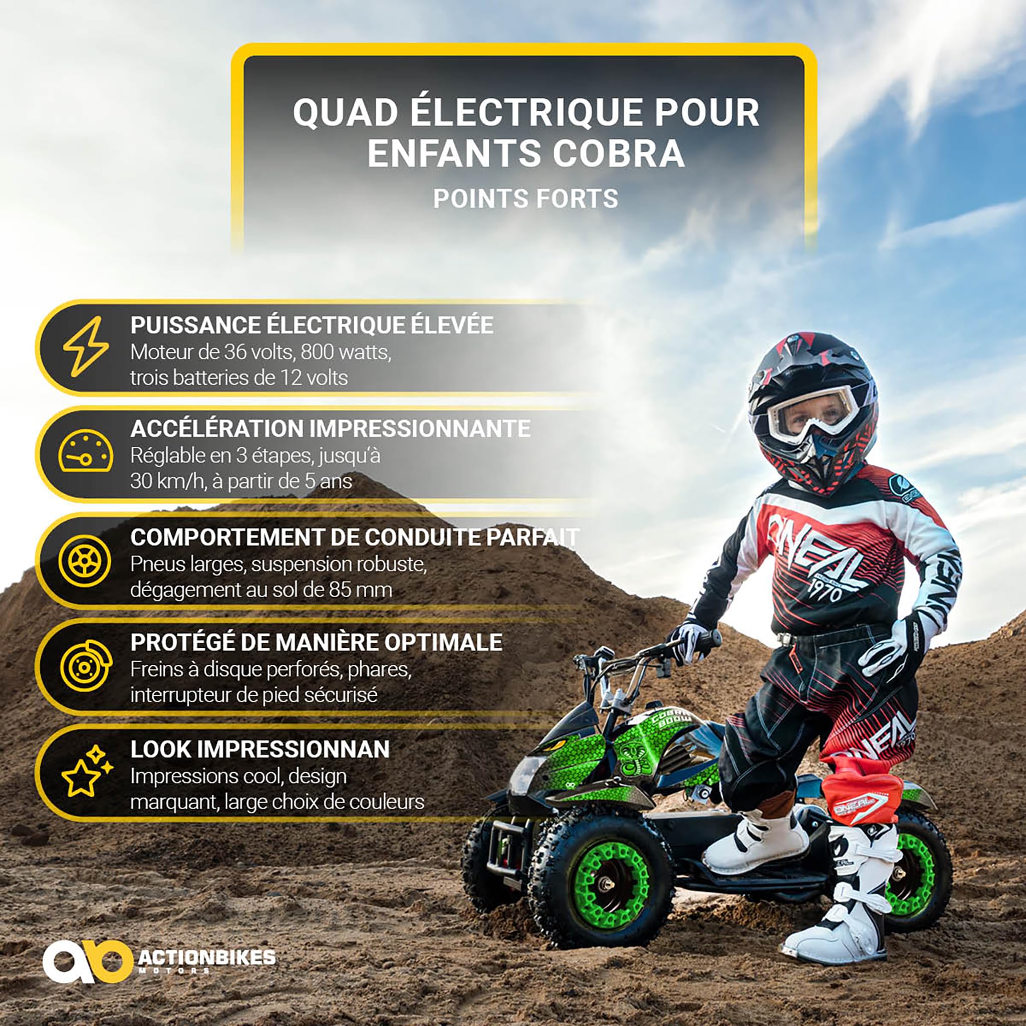 Actionbikes Motors Quad électrique Enfant ATV Cobra | 36 Volts 800 Watts Jusqu’à 24 km/h - Quad Enfant - Pocket Quad - pédale de sécurité Safety Touch - Mini Quad - dès 8 Ans (Vert/Noir)