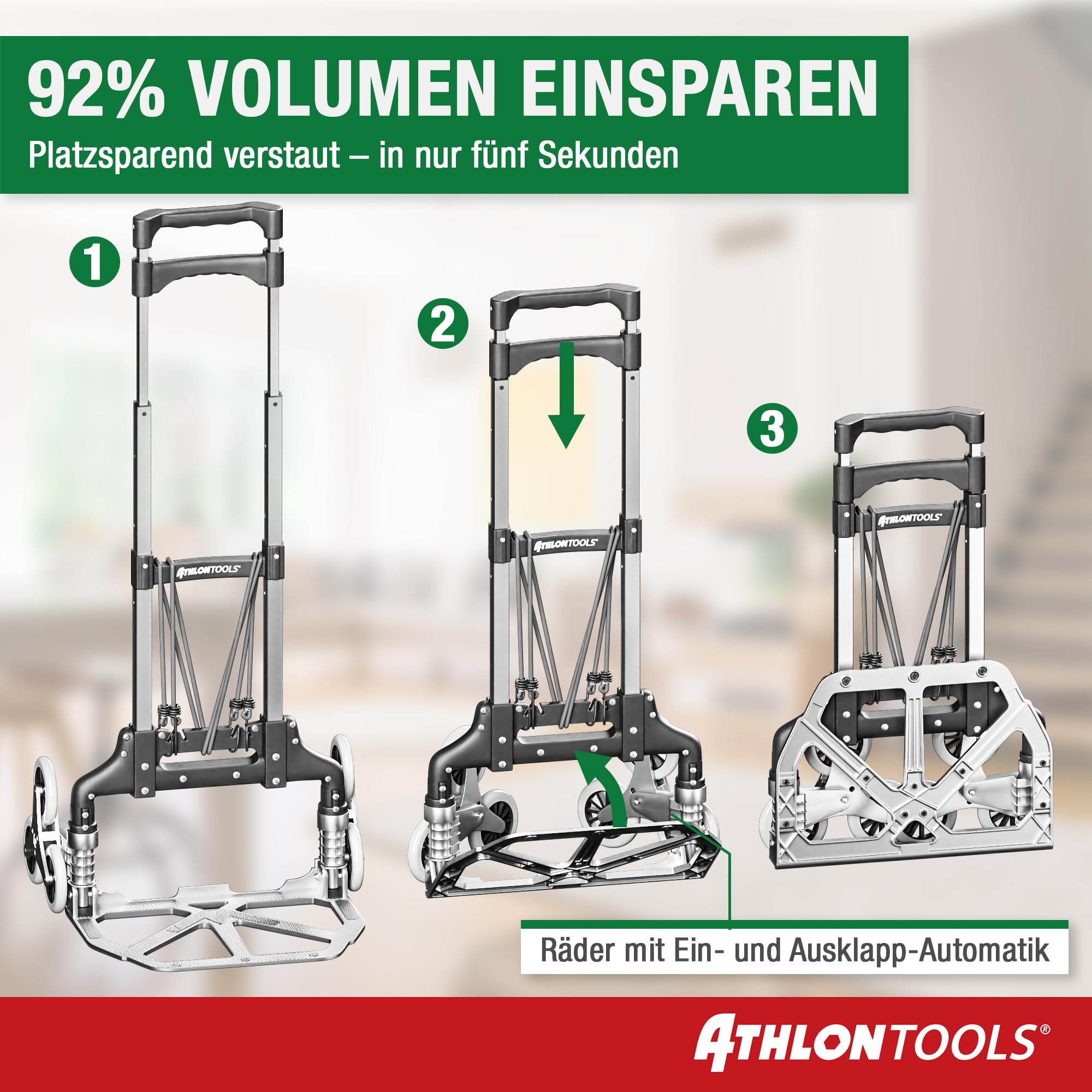 ATHLON TOOLS Treppensteiger Sackkarre klappbar TÜV GS-geprüft – Profi Treppensackkarre aus Aluminium leicht - Extra Langer Griff 110cm & Ladefläche mit Anti Rutsch Pads - Transporthilfe für Treppen