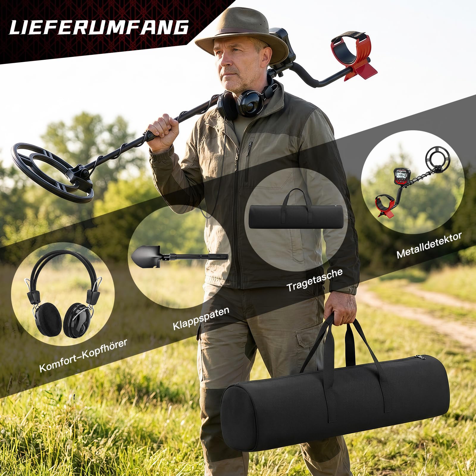 Detecteur de Metaux Professionnel,5 modes de détection disque de recherche étanche IP68 de 10 pouces, tige réglable de 42,1" à 52" avec écran LCD rétroéclairé convient aux adultes et aux enfants-Rouge