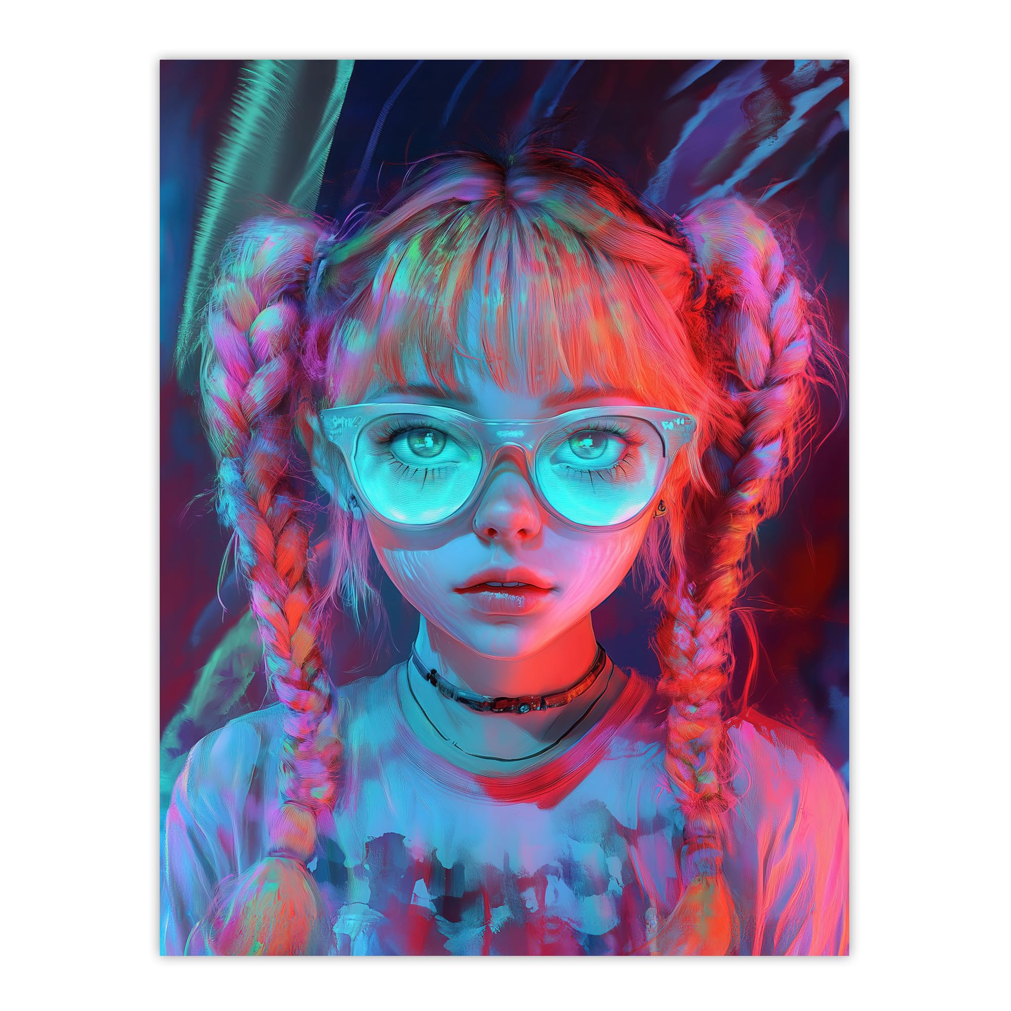 Artery8 Nerdy Girl Braid Pigtails Glasses Neon Pink Blue Living Room Extra Large XL Wall Art Poster Print