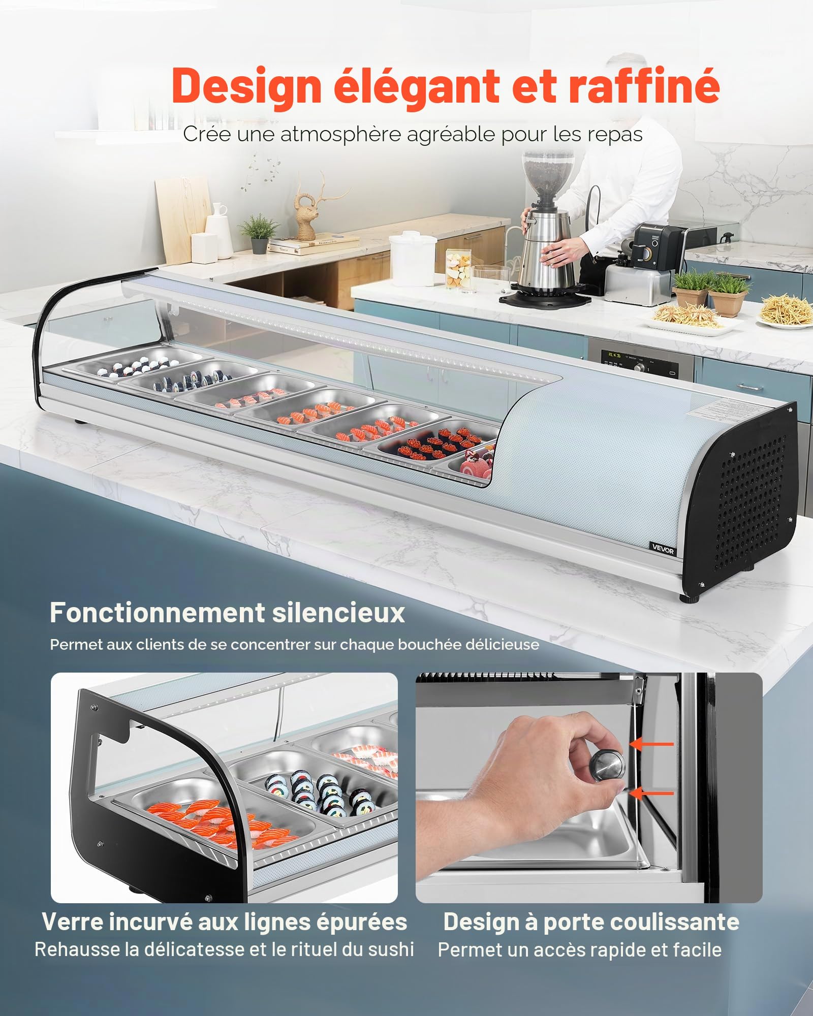 VEVOR Vitrine Réfrigérée à Sushis 72 L, Présentoir Réfrigéré de Comptoir, avec 7 Bacs, Verre Bombé, Éclairage LED et Contrôle Numérique de la Température, pour Bar à Sushis, Restaurant, Magasin