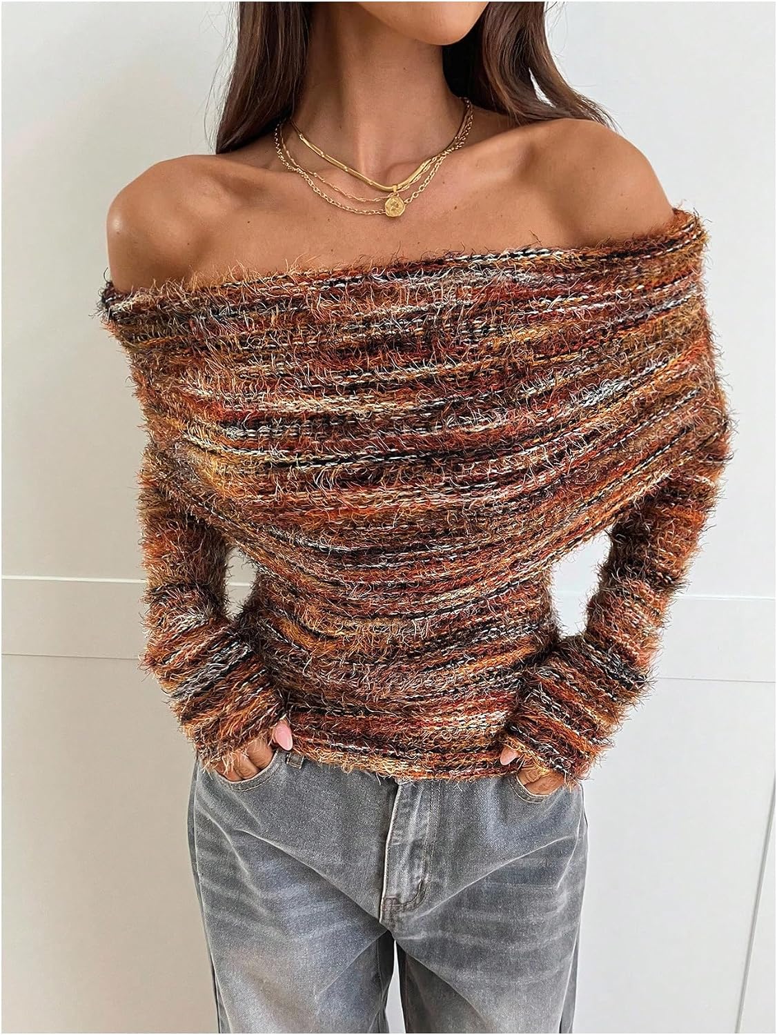 GORGLITTER Women's Striped Off The Shoulder Sweater Fuzzy Mohair Fall Fashion Fold Over Pullover Tops