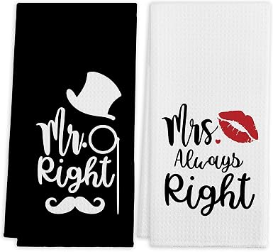 QIYUHOY Mr. Right Mrs. Always Right Bath Towels Hand Towels,16 X 24 Inches Cotton Modern Dish Towels Dishcloths,Flour Sack Hand Towel for Farmhouse Bathroom Decor,Set of 2,Funny Gift for Couple