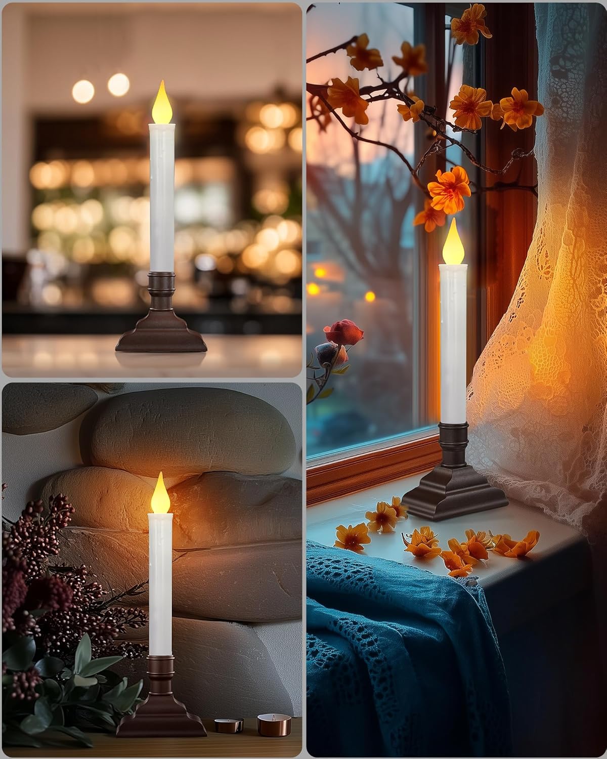SURAIELEC 4 Pack Battery Operated Window Candles, Dusk-to-Dawn Flameless Flickering Candles, 3000K LED Window Candle with Rustic Brown Holder, Christmas Candle Lights for Windows, Mantel, Dining Table