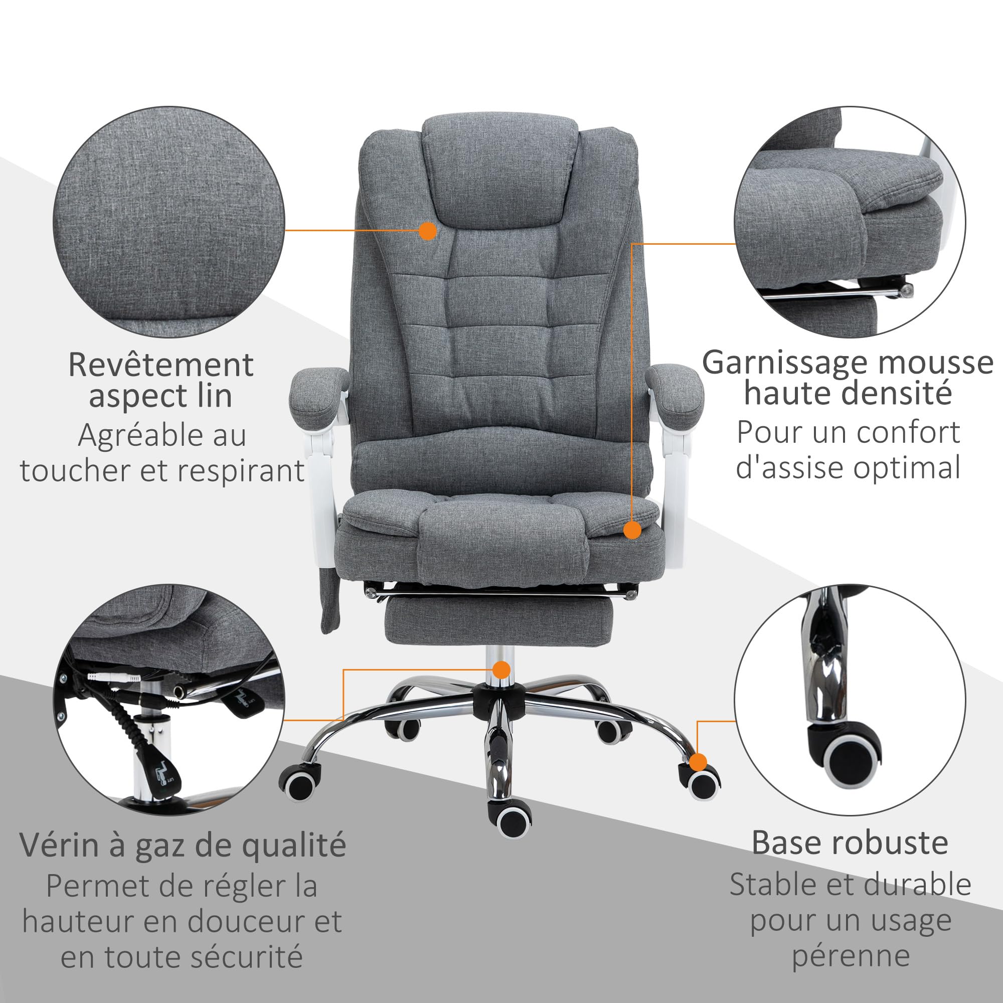 Vinsetto Fauteuil de Bureau Massant et Chauffant Toile de Lin Gris