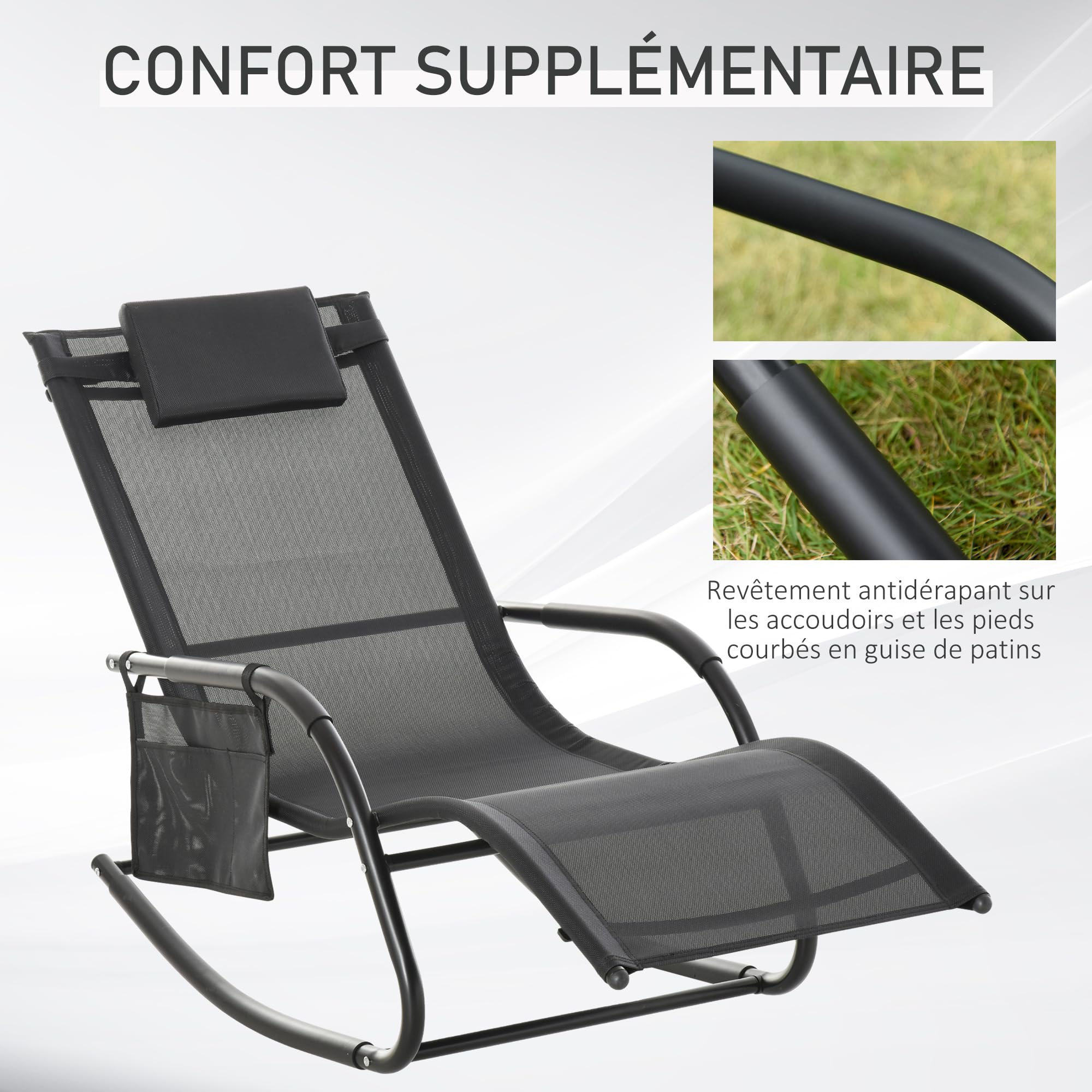 Outsunny Chaise Longue à Bascule - Rocking Chair Ergonomique - tétière Amovible, accoudoirs, Pochette Rangement - métal époxy textilène Noir