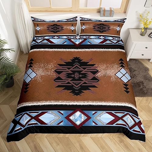 Manfei Native Tribal - Juego de funda de edredón tamaño matrimonial, funda de edredón geométrica abstracta navajo con 2 fundas de almohada, juego de