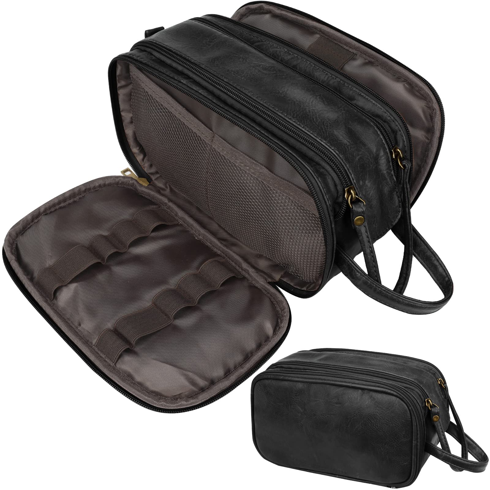 SosimcotyWater-Resistant Leather Toiletry Bag for Men, Large Travel Wash Bag Shaving Dopp Kit Bathroom Toiletries Makeup Organizer (Black)