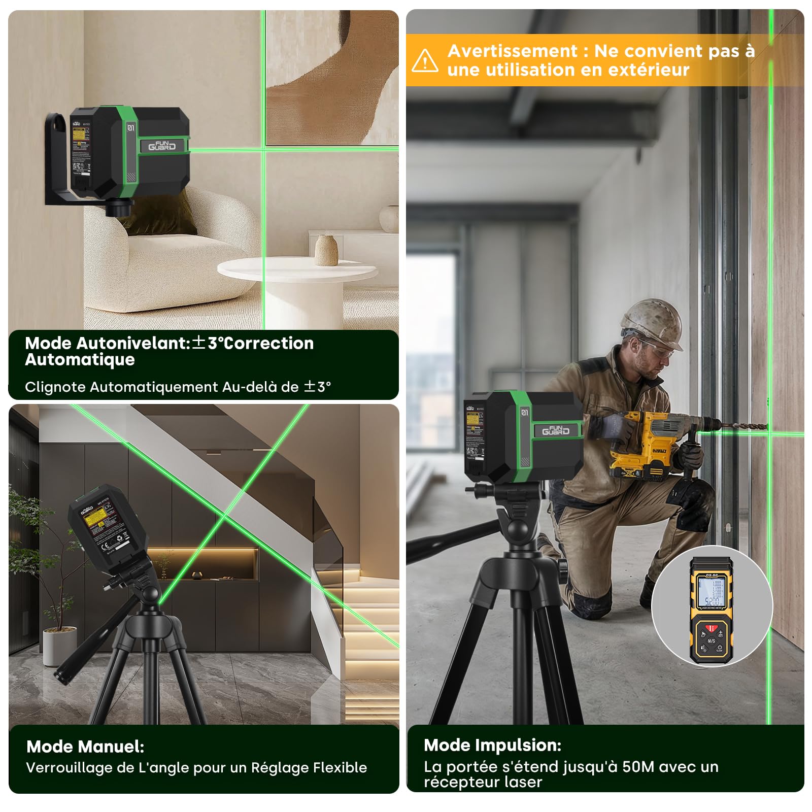 Niveau Laser, Autonivelant, Support magnétique, Rechargeable(Vert)