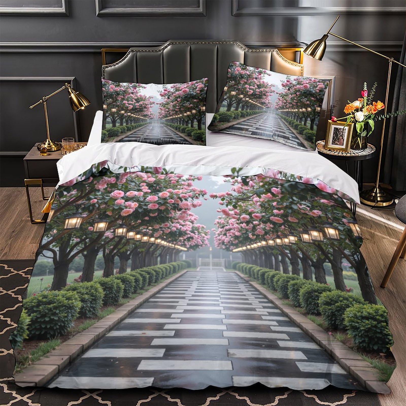 Parure de couette microfibre anti-décoloration 3 pièces pour grand lit déco romantique