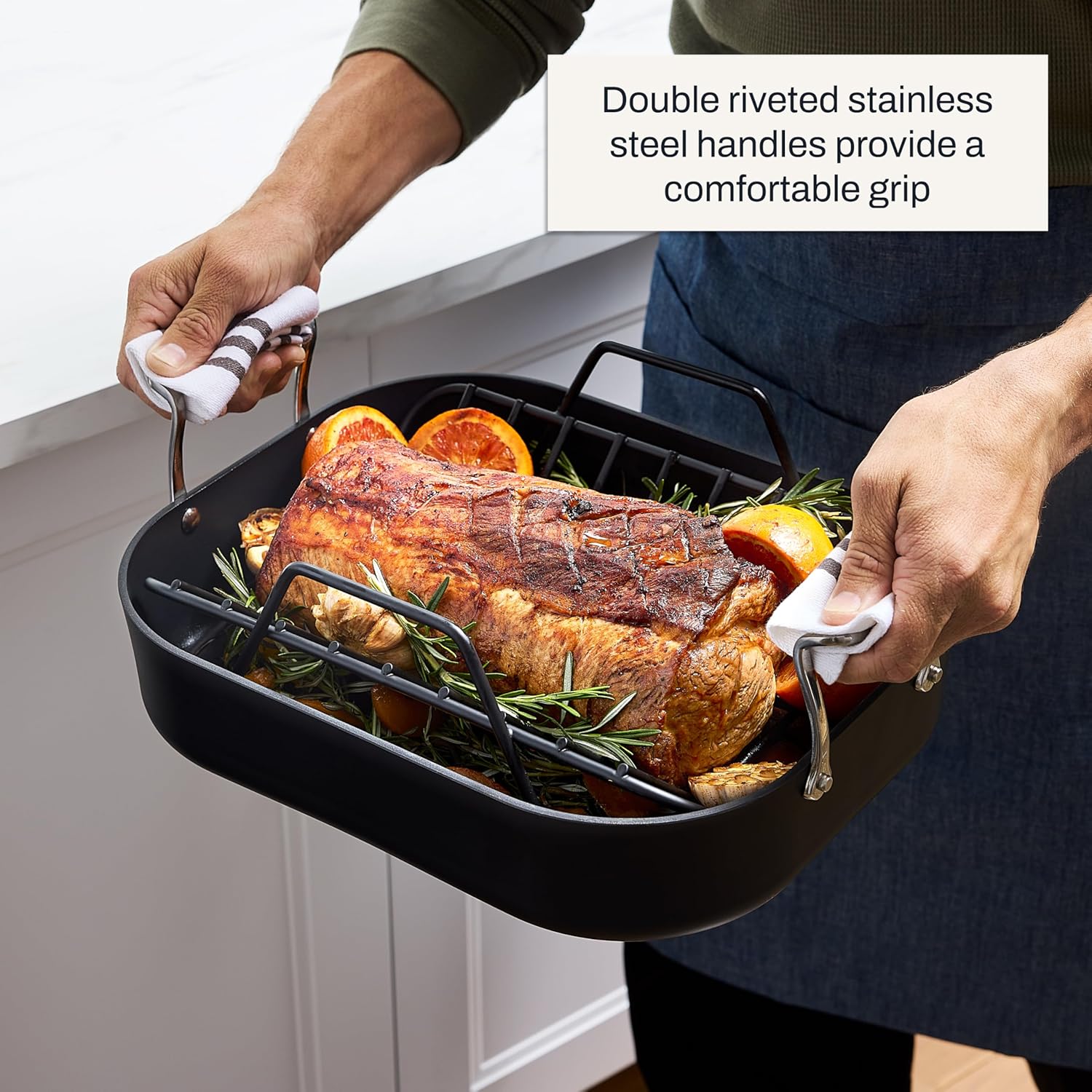 All-Clad Essentials Hard Anodized Nonstick Roaster with Rack 11x14 Inch Oven Broiler Safe 500F Roaster Pan, Pots and Pans, Cookware Black