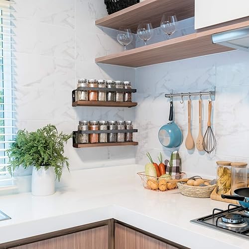 Miniatura 8 de Aozita Paquete de 4 especias con tarros 25 tarros de especias de vidrio estante colgante para especias para gabinete estantes flotantes de madera