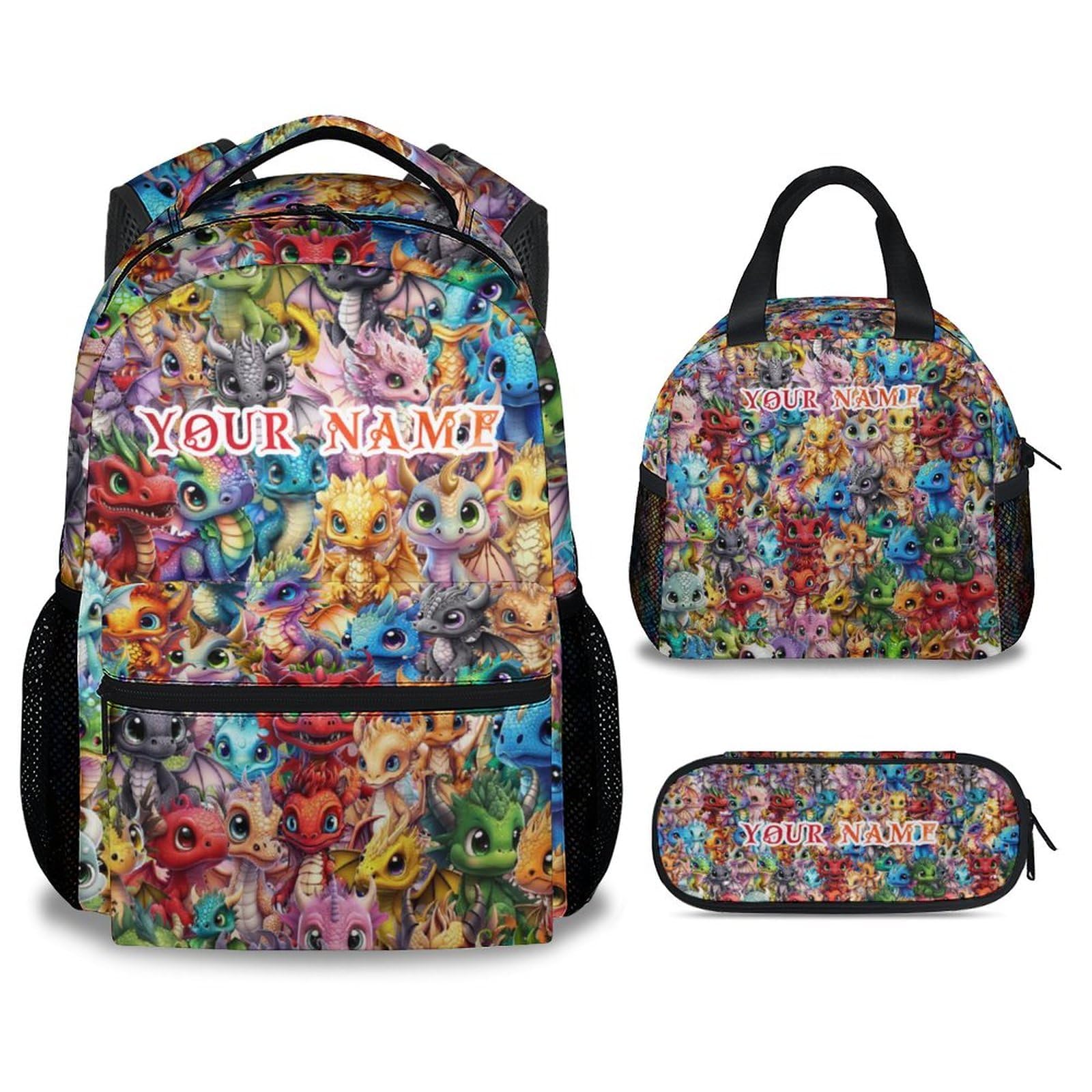 NICEFORNICE Custom Dragon Kids Backpack with Lunch Box, Set of 3 School Backpacks Matching Combo, Cute Colorful Bookbag and Pencil Case Bundle