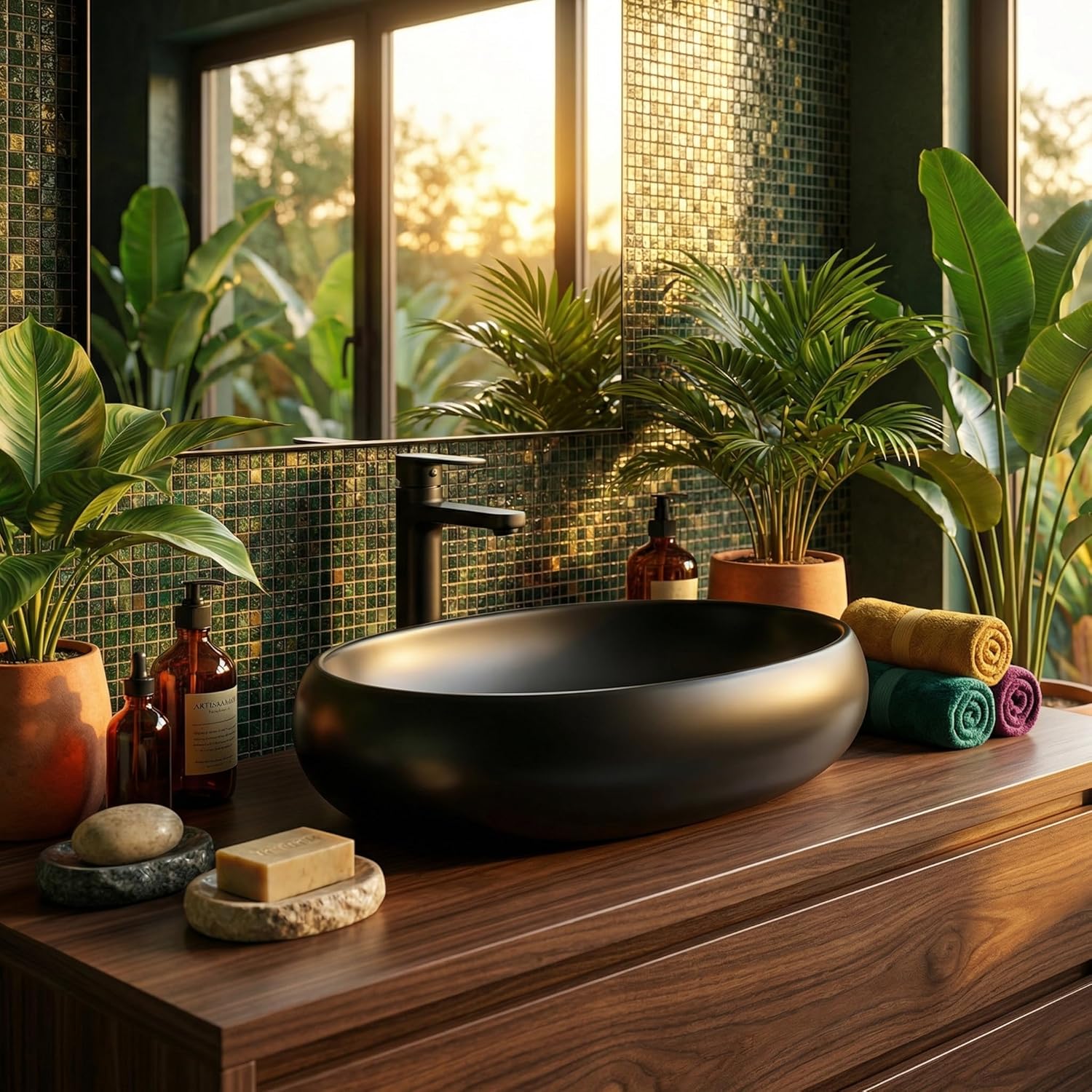 InArt Crystal Accent Matte Black Ceramic Oval Vessel Sink Bowl, Countertop Bathroom Vanity Installation, Slim Rim Modern Designer Wash Basin, Easy Clean Glaze, 24 x 16 x 6 in
