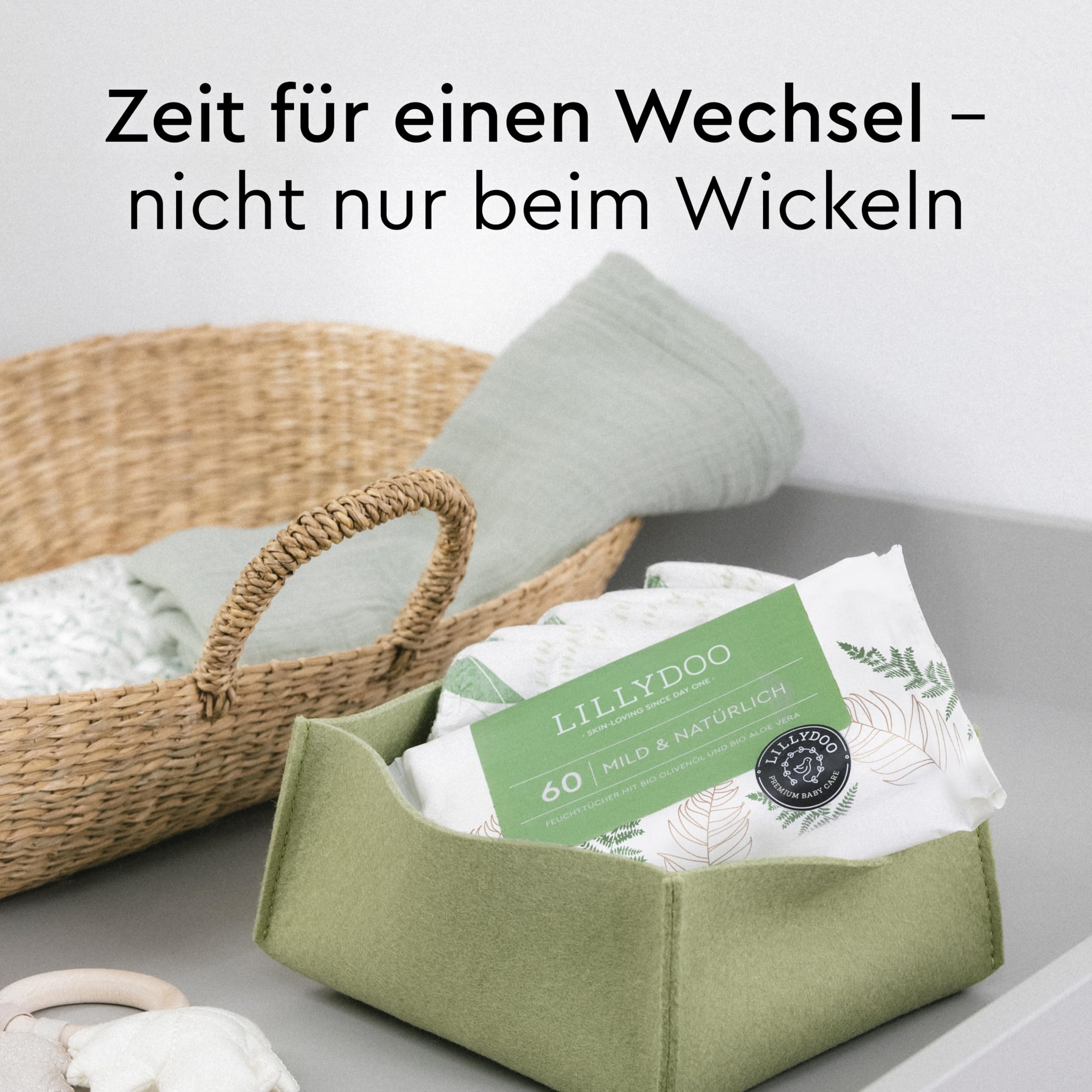 LILLYDOO green Feuchttücher, 600 Stück (10 x 60), 100% plastikfreies, reißfestes Tuch - ohne Parfüme, mild & natürlich, sanft reinigend für empfindliche Haut, Dermatologisch getestet