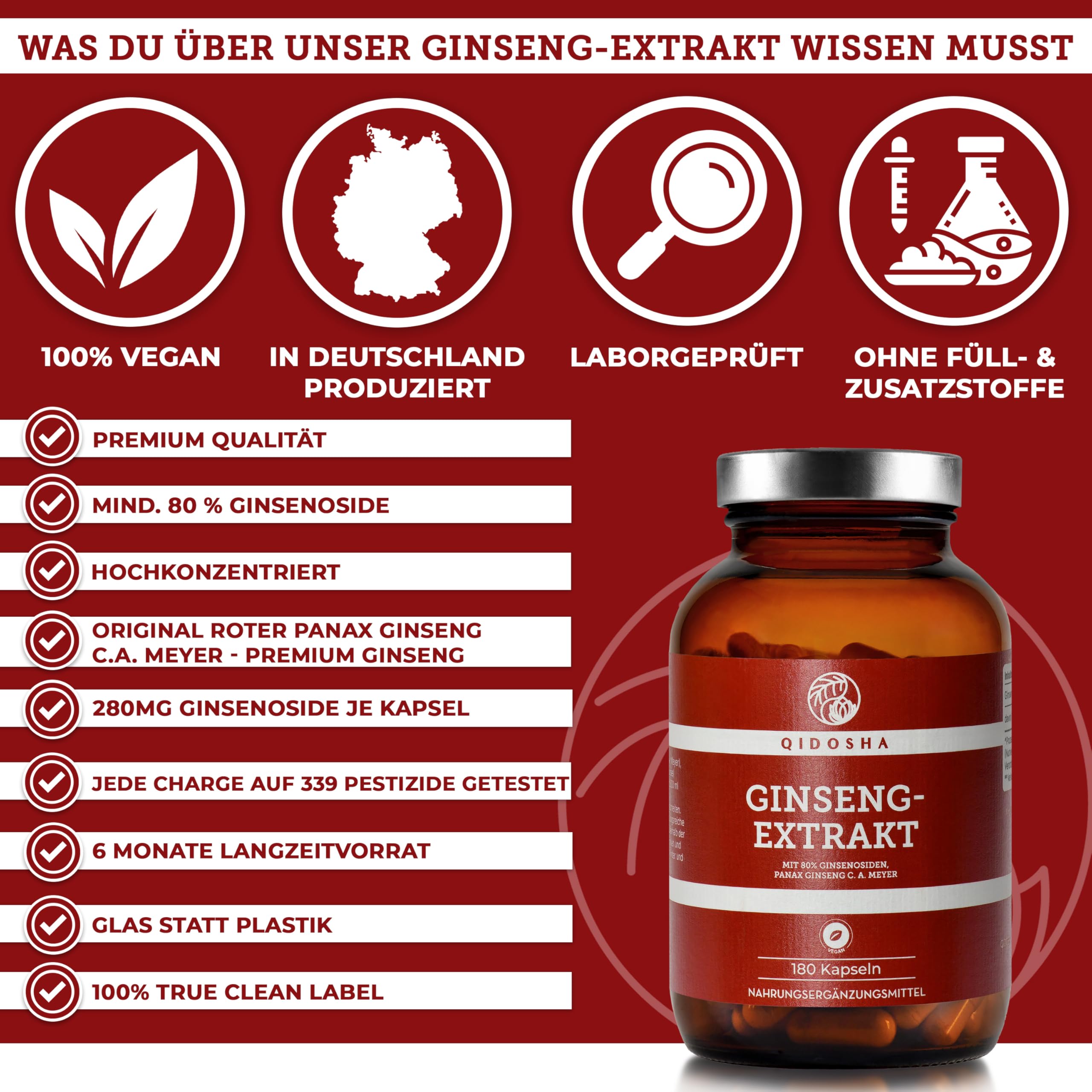 QIDOSHA® Ginseng Kapseln hochdosiert mit 80% Ginsenosiden, 180 Kapseln im Apothekerglas, original Roter Panax Ginseng C.A. Meyer, deutsche Fertigung, ohne Füllstoffe