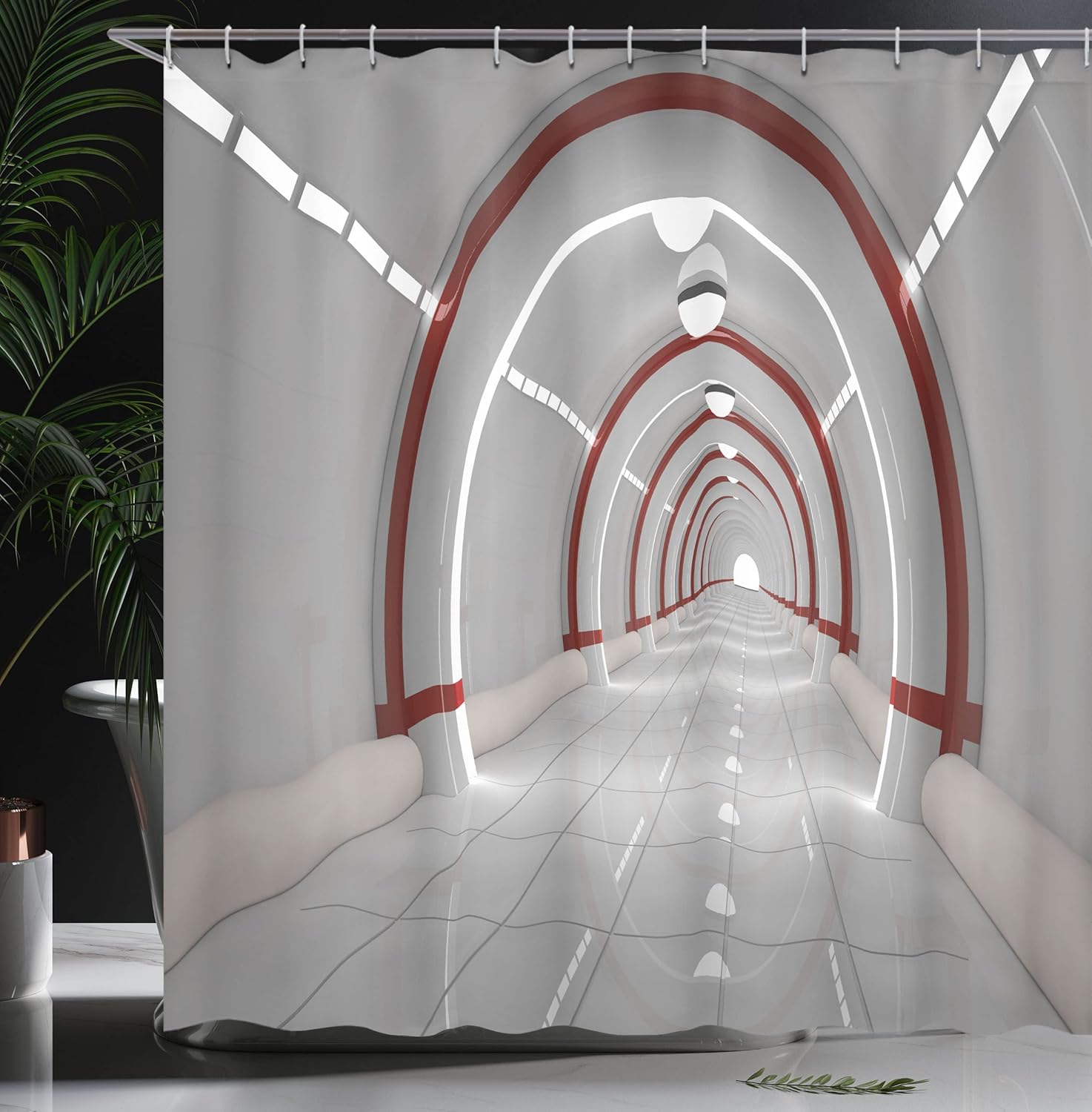 Ambesonne Outer Space Shower Curtain, Station with The Clean Walls Featured Surface Alien Astronomy Big Bang Ship, Cloth Fabric Bathroom Decor Set with Hooks, 69" W x 75" L, White Red