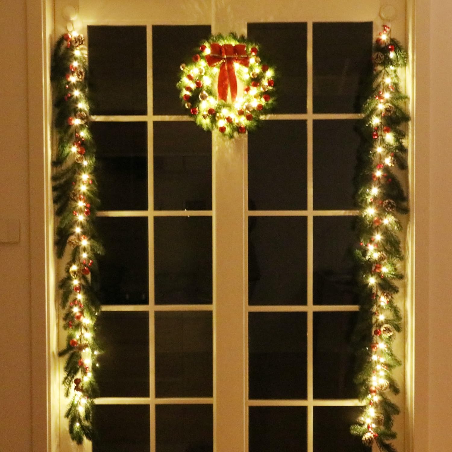 6 FT Christmas Garland, Battery Operated 8 Lighting Modes, Lighted Christmas Garland with 40 LEDs, Pine Cones, Red Berries, Jingle Bells - Image 6