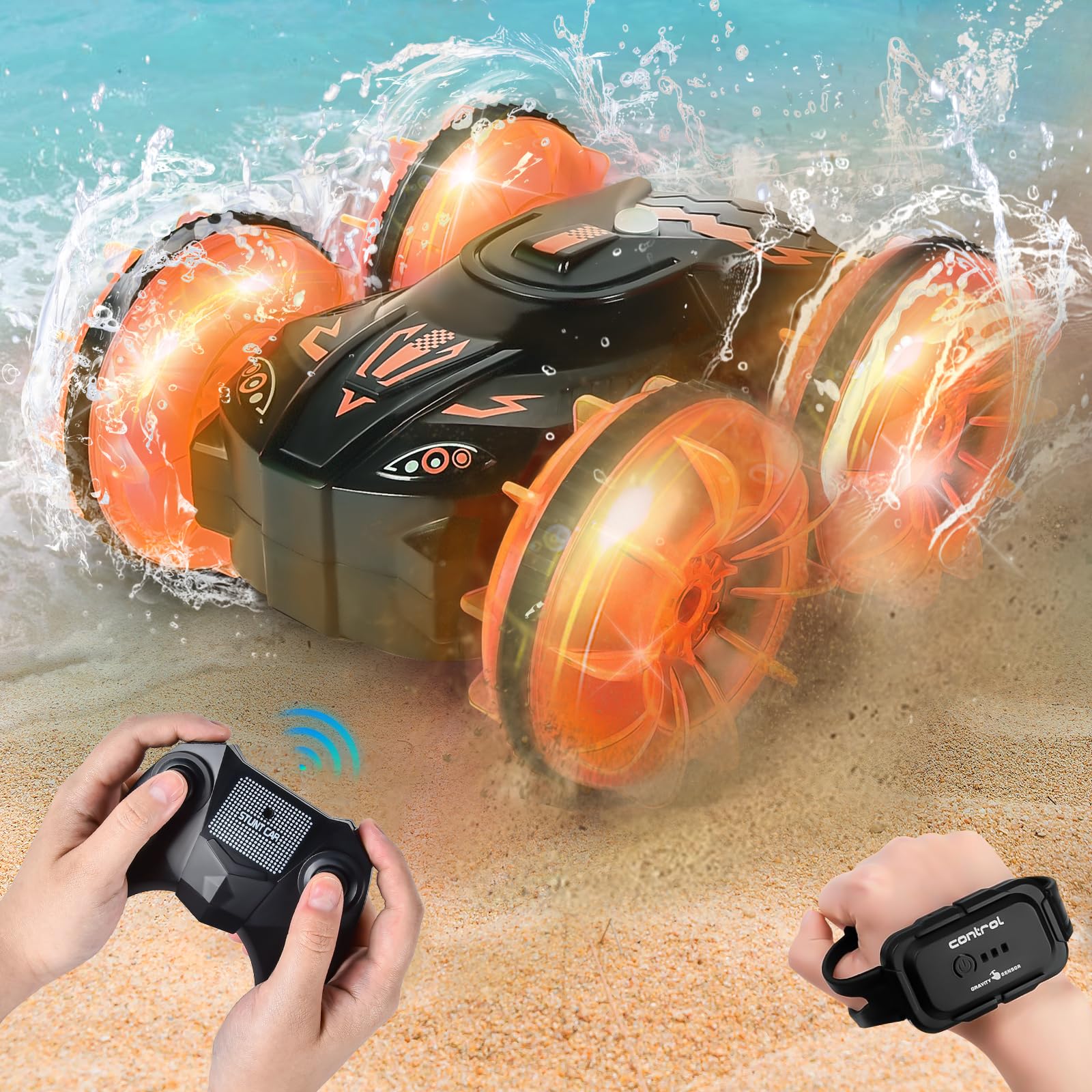 JONRRYIN Coche Teledirigido Anfibio, Coche Radiocontrol Estanco, Remote Control Car con Sensor Gestual Mandos a Distancia Luces LED, para Niños de 4 5 6 7 8 Años (Rojo)