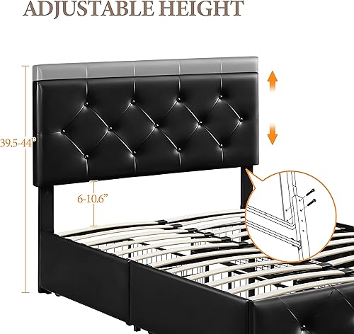 Miniatura 6 de Yaheetech Base de cama tapizada con 4 cajones de almacenamiento y cabecera ajustable, plataforma de piel sintética con base de colchón, fuerte