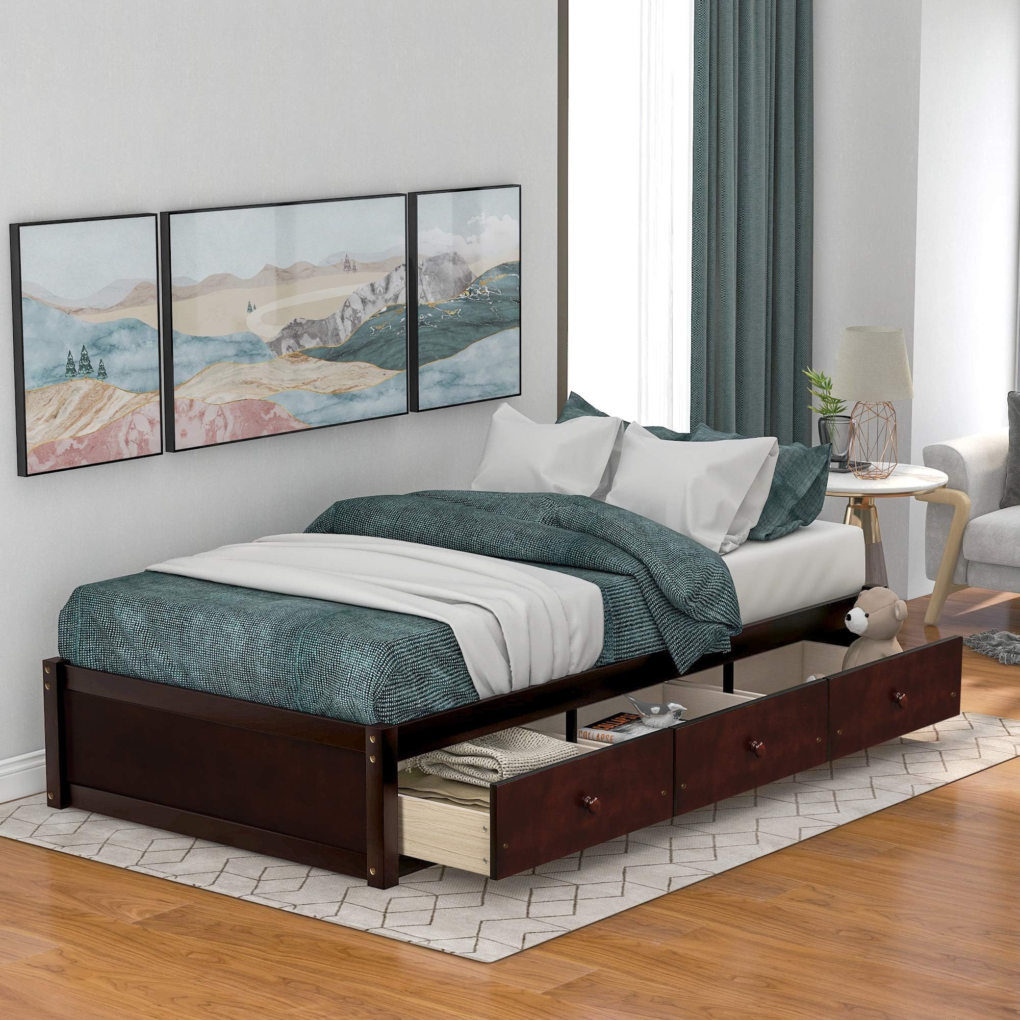 Hooseng Size Storage Bed with 3 Drawers,No Box Spring Needed, Twin-Platform-Cherry, Brown Cherry