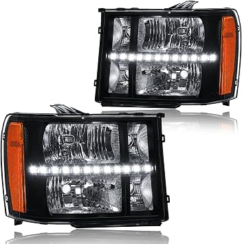 LED Headlight Assembly for 2007-2013 GMC Sierra 1500/2007-2014 Sierra 2500HD/2007-2014 Sierra 3500HD Driver Left & Passenger Right Side Replacement Black Housing Amber Reflector