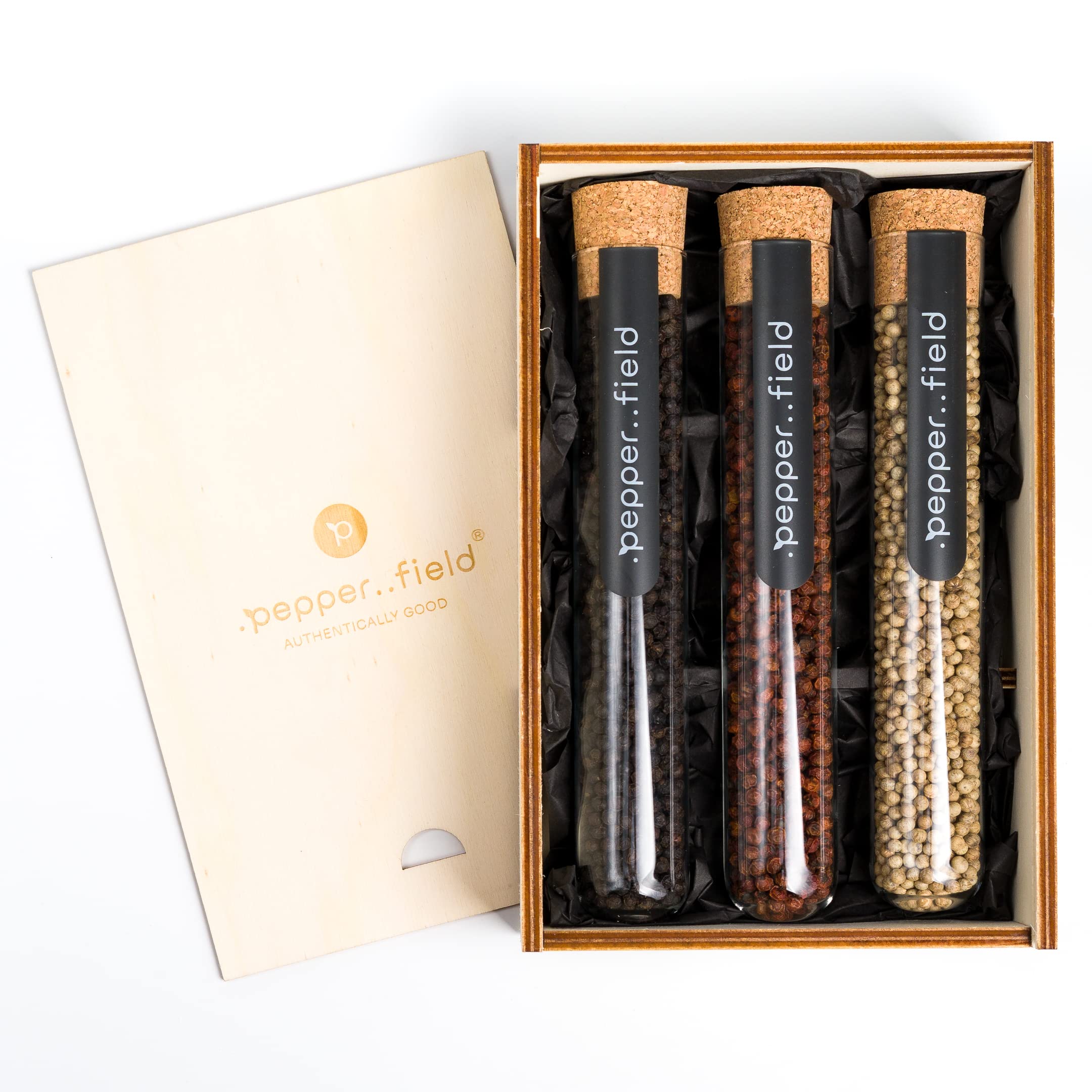 Pepper Field Kampot Pepper - pepe nero, bianco, rosso 100% vero di Kampot, Cambogia IGP - peperone intero - set di tubi di vetro in confezione regalo 3 x 75 g