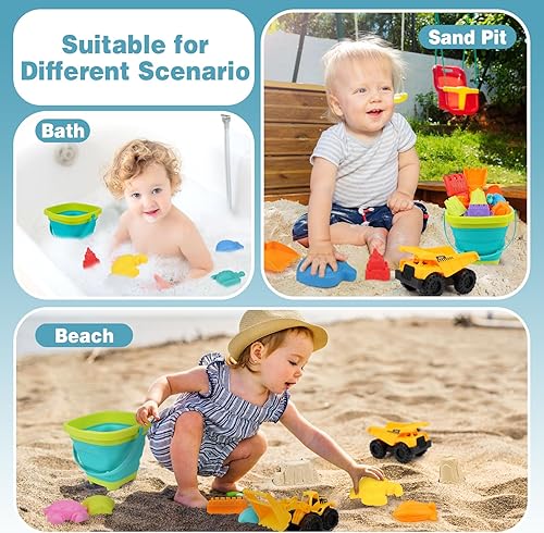 Miniatura 9 de Dreamon Juguetes de playa para niños de 3 a 10 años, juguetes plegables de castillo de arena para la playa incluyen 3 cubos plegables, moldes de