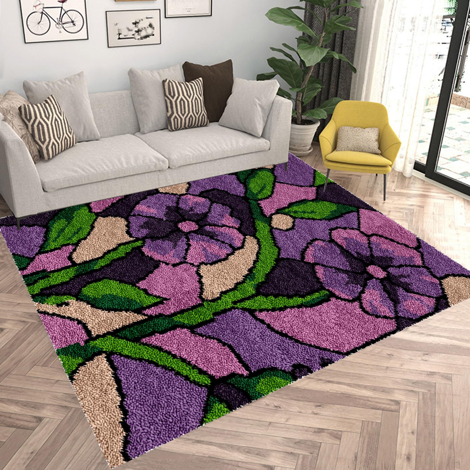 Kit per tappeti con gancio a scatto per adulti, fai da te, filato all'uncinetto, cuscino da pavimento con tela stampata, kit da ricamo grande per la decorazione della casa