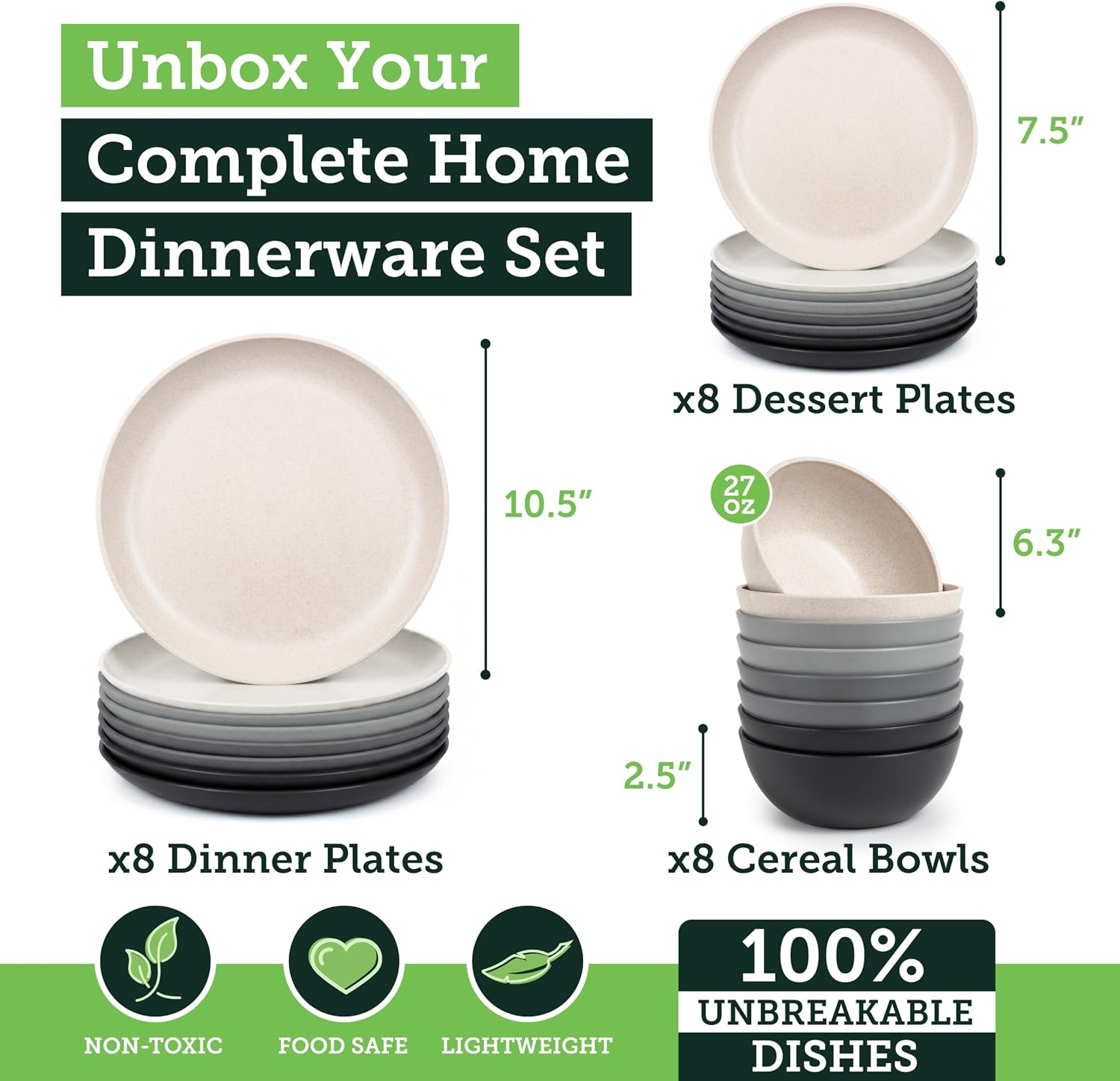 Grow Forward 24-piece Premium Wheat Straw Dinnerware Sets for 8 - Unbreakable Dishwasher & Microwave Safe Plastic Plates and Bowls Sets - Patio, Outdoors, RV, Camping Dishes - Moonlight image 3