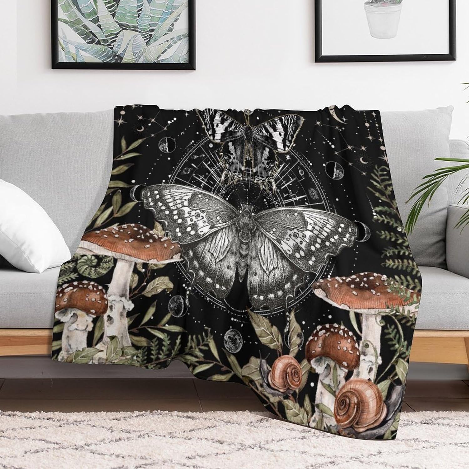 Butterfly Moon Phase Blanket, Moth Mystic Witchy Astrology Starry Night Magic Plant Mushroom Gothic Aesthetic Print Decor Cozy Soft Fluffy Warm Flannel Throw Blanket for Couch, Chair, Bed, 30x40in