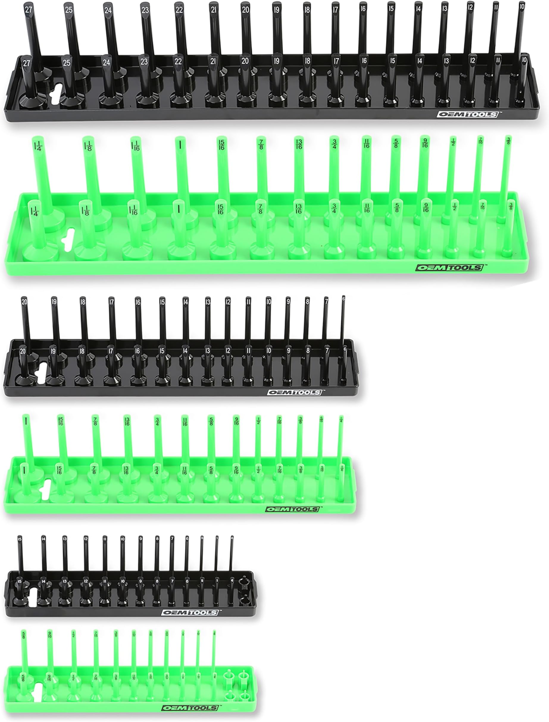 OEMTOOLS 22233 6 Piece Socket Tray Organizer Set, Green and Black, Socket Rails, Holds 80 SAE & 90 Metric Sockets, Deep and Shallow, 1/4", 3/8", & 1/2" Drive