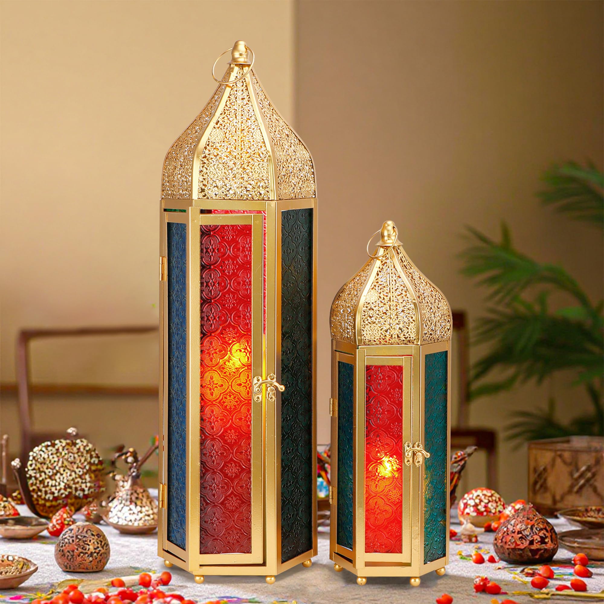 TRIROCKS Set of 2 Decorative Ramadan Candle Lantern Metal Oriental Candle Holder Arabian Hanging Tealight Moroccan Lanterns with Tempered Glass for Home Decor Indoor Outdoor Party Event