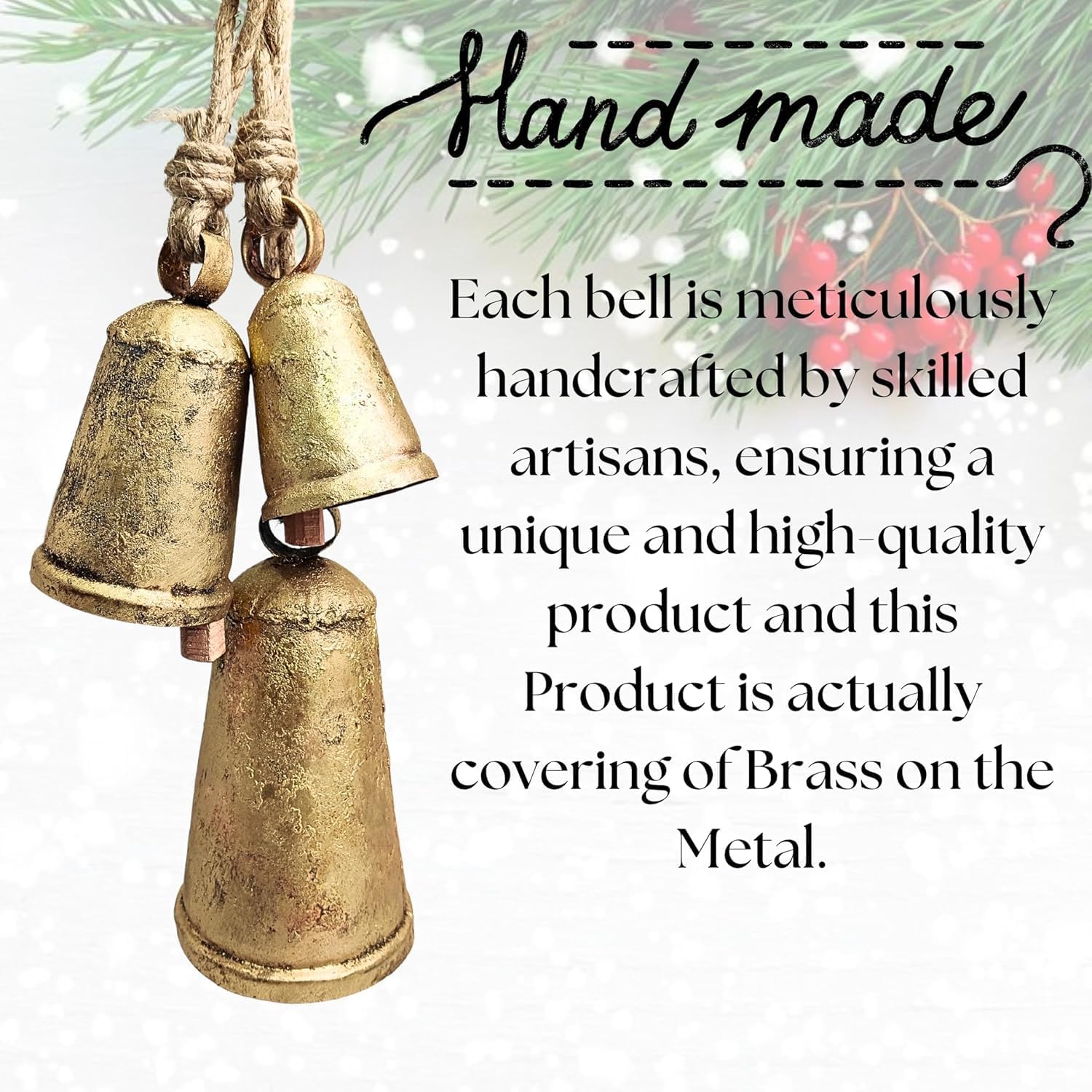 Handcrafted Gold Rustic Bells Set of 3 with Jute Rope - Perfect for Adding a Touch of Vintage Elegance to Your Home Décor, Indoor or Outdoor Spaces Rustic Hanging Golden