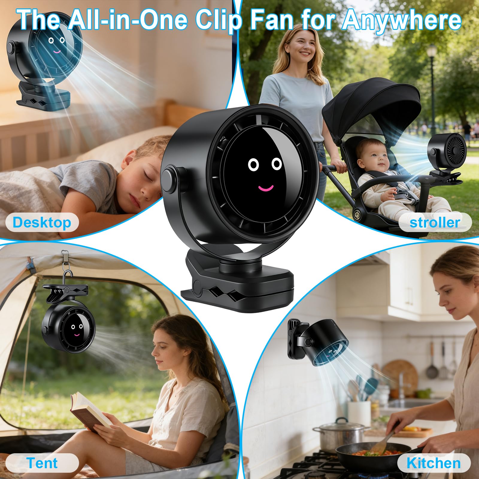 Ventilador con Pinza, Ventilador Portátil Recargable Sin Aspas con Rotación, 5 Velocidades de Flujo de Aire Fuerte,Pinza Resistente para Cama,Carpa,Escritorio,Silla de Coche (Negro)